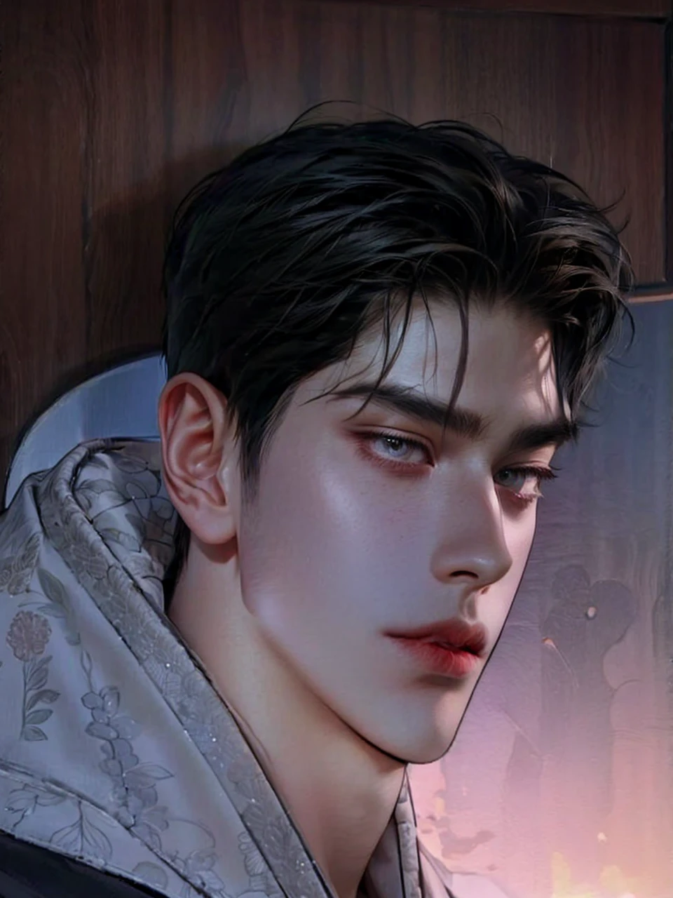 Masterpiece of man, Adult man with firm facial features like an Dutch, black eye, his nose is sharp, mature, black eyes, neat short balck hair, very handsome, white, clean, smooth skin, muscle body realistic, unreal engine