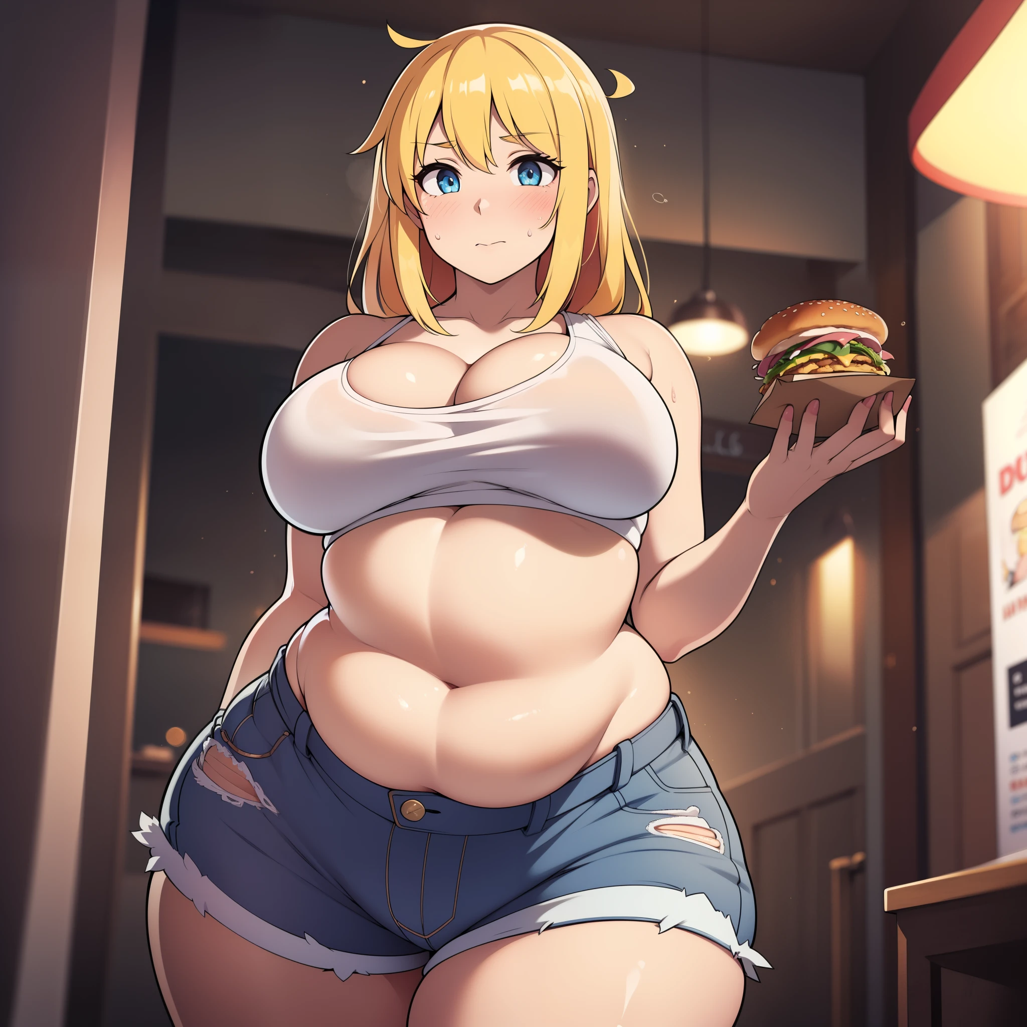 ((highres)), Masterpiece, high quality, best quality, beautiful, perfect lighting, detailed face, ultra cute face, looking at viewer, ((21girl)), ((solo)), blush, blonde hair, blue eyes, crop top and shorts, fast food restaurant, cleavage, medium breasts, ((wide hips)), (thick thighs), ((fat ass)), ((plump)), chubby belly, belly grab, fat folds, standing next to each other,