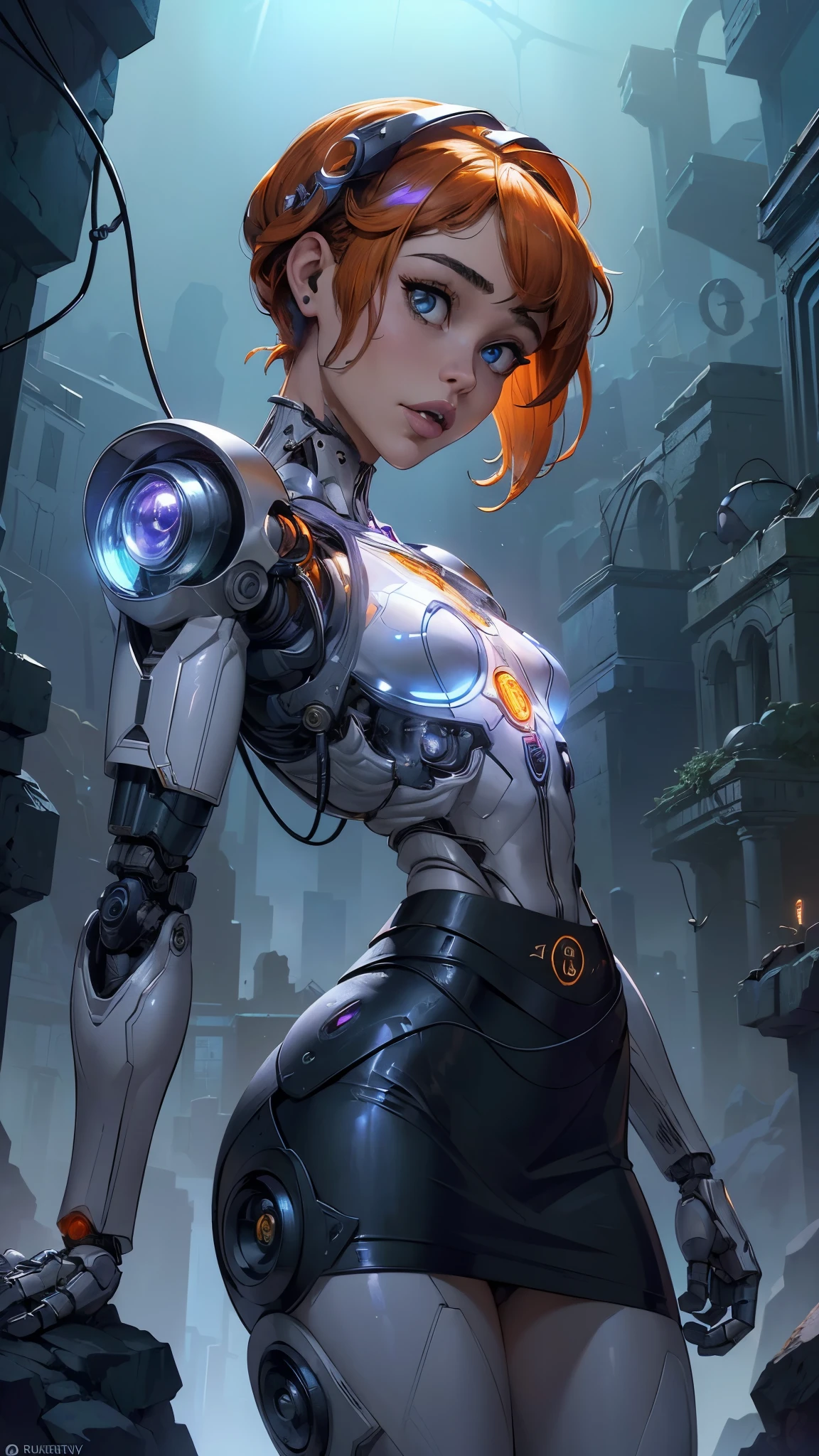 (La mejor calidad,A high resolution,Ultra - detallado,actual),sabrina carpenter cyborg transparent , ( mini skirt cyborg orange :1.4), top corto white transparent ,,(Fondo de ruinas de mazmorra en ruinas cyberpunk :1.4 ), (Mechanical vertebrae attached to the back, mechanical cervical attachment to the neck, alambres y cables que se conectan a la cabeza, Evangelion, small bright LED lamps:1.4) , More detailed 8K.motor irreal:1.4,UHD,La mejor calidad:1.4, fotorrealista:1.4, textura de la piel:1.4, obra maestra:1.8,obra-prima, mejor calidad,objeto Objeto], (detailed face features:1.3),(Las proporciones correctas),(Ojos hermosos azules),  (pose vaquero),( sabrina carpenter:1.4), (sabrina carpenter V2.1),( perfect anatomy:1.4), (cyborg mechanical robot transparent plastic white:1.4), ,(Fondo de ruinas de mazmorra en ruinas piedras grandes caverna :1.4 ), (cinematic lighting :1.4), (fondo laboratorio robotic :1.4), (Cyborg inteligencia artificial :1.4),( face detailed :1.4), (no mutaciones) 