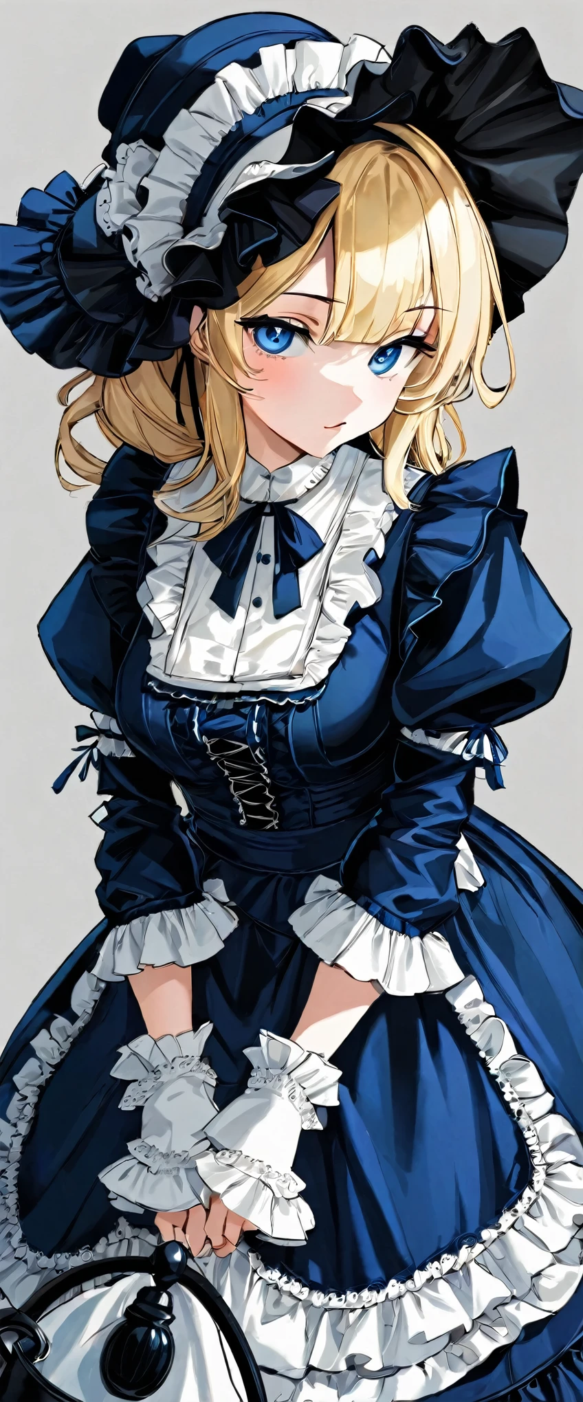 best quality, super fine, 16k, incredibly absurdres, extremely detailed, delicate and dynamic, navy blue maid outfit with lace frills, long ruffle skirt, robe, hood, Gothic, Romanesque, Baroque, Renaissance, Rococo, Art Nouveau, Northern Renaissance style, cute blonde and blue eyed maid