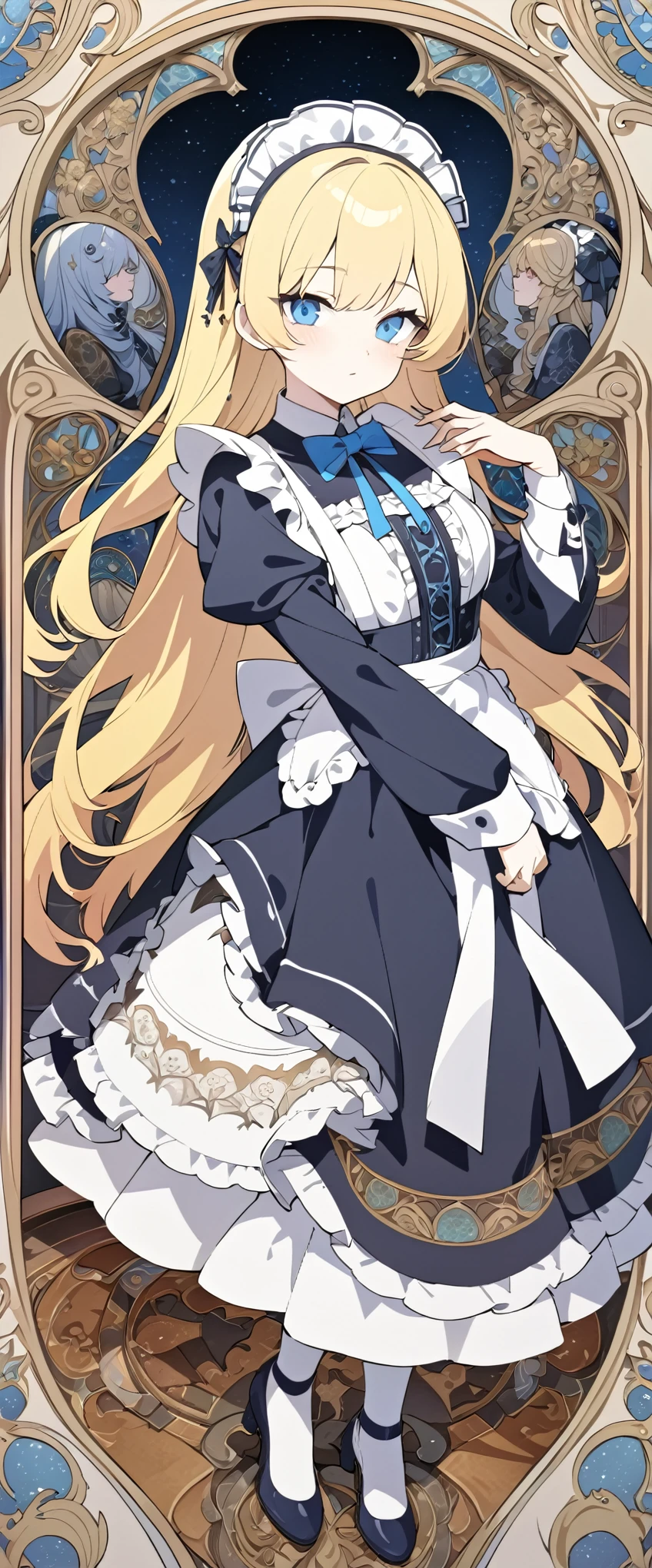 best quality, super fine, 16k, incredibly absurdres, extremely detailed, delicate and dynamic, navy blue maid outfit with lace frills, long ruffle skirt, robe, hood, Gothic, Romanesque, Baroque, Renaissance, Rococo, Art Nouveau, Northern Renaissance style, cute blonde and blue eyed maid