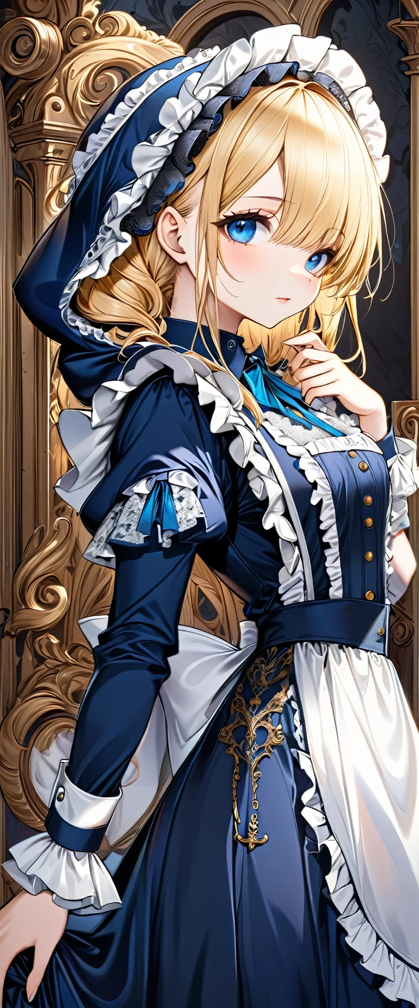 best quality, super fine, 16k, incredibly absurdres, extremely detailed, delicate and dynamic, navy blue maid outfit with lace frills, long ruffle skirt, robe, hood, Gothic, Romanesque, Baroque, Renaissance, Rococo, Art Nouveau, Northern Renaissance style, cute blonde and blue eyed maid
