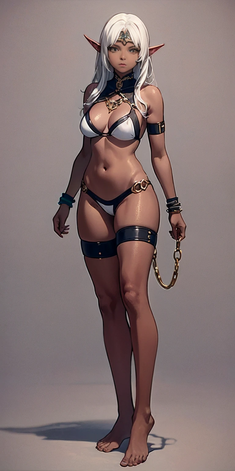 (Masterpiece, plain background:1.2) Female full body, standing straight symmetrical feet together, blood dark elf, dark skin, long messy white hair, short elf ears, circlet, yellow eyes, 1990s (style), female 1sologirl slingshot bikini, barefoot, bare handcuffs, shackles wristbands, bracers, bracelets, pauldrons metal shoulders