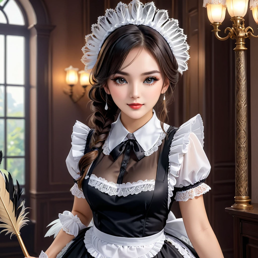 a maid in a beautiful detailed maid outfit, extremely detailed face and eyes, long eyelashes, beautiful detailed lips, elegant maid headdress, frilly maid skirt, white thigh-high stockings, maid apron, holding a feather duster, intricate delicate lace patterns, (best quality,4k,8k,highres,masterpiece:1.2),ultra-detailed,(realistic,photorealistic,photo-realistic:1.37),vibrant colors, warm lighting, cinematic composition, elegant and feminine