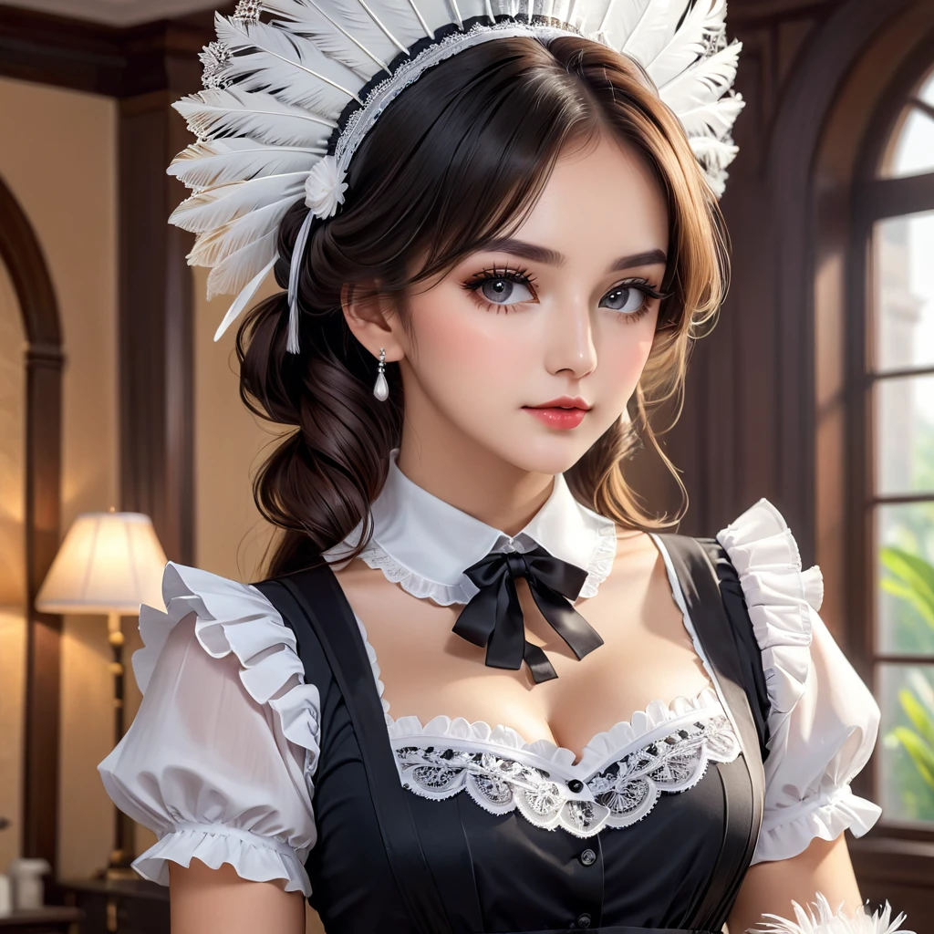 a maid in a beautiful detailed maid outfit, extremely detailed face and eyes, long eyelashes, beautiful detailed lips, elegant maid headdress, frilly maid skirt, white thigh-high stockings, maid apron, holding a feather duster, intricate delicate lace patterns, (best quality,4k,8k,highres,masterpiece:1.2),ultra-detailed,(realistic,photorealistic,photo-realistic:1.37),vibrant colors, warm lighting, cinematic composition, elegant and feminine