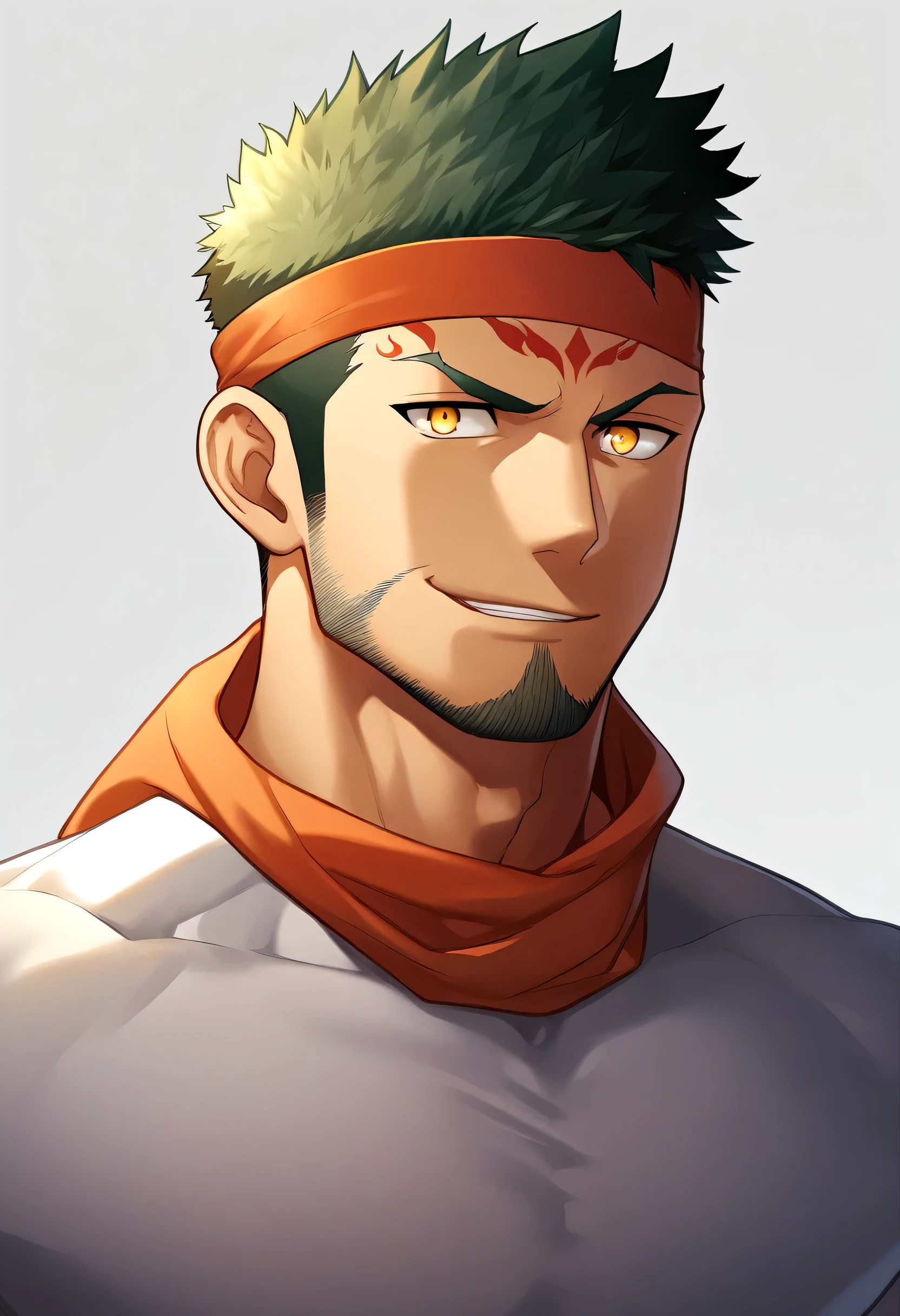 anime characters：Gyee, priapus, ung muscular man, male focus, Flame tattoo, sports Red headband, Creamy white spandex tight T-shirt, muscular male, muscular, only, Upper body, alone, Black short hair, Thick eyebrows, stubble, Yellow eyes, White background, simple background, amazing quality, best aesthetics, Ridiculous, bright pupils, crew cut, naughty face, torogao, parted lips, best quality