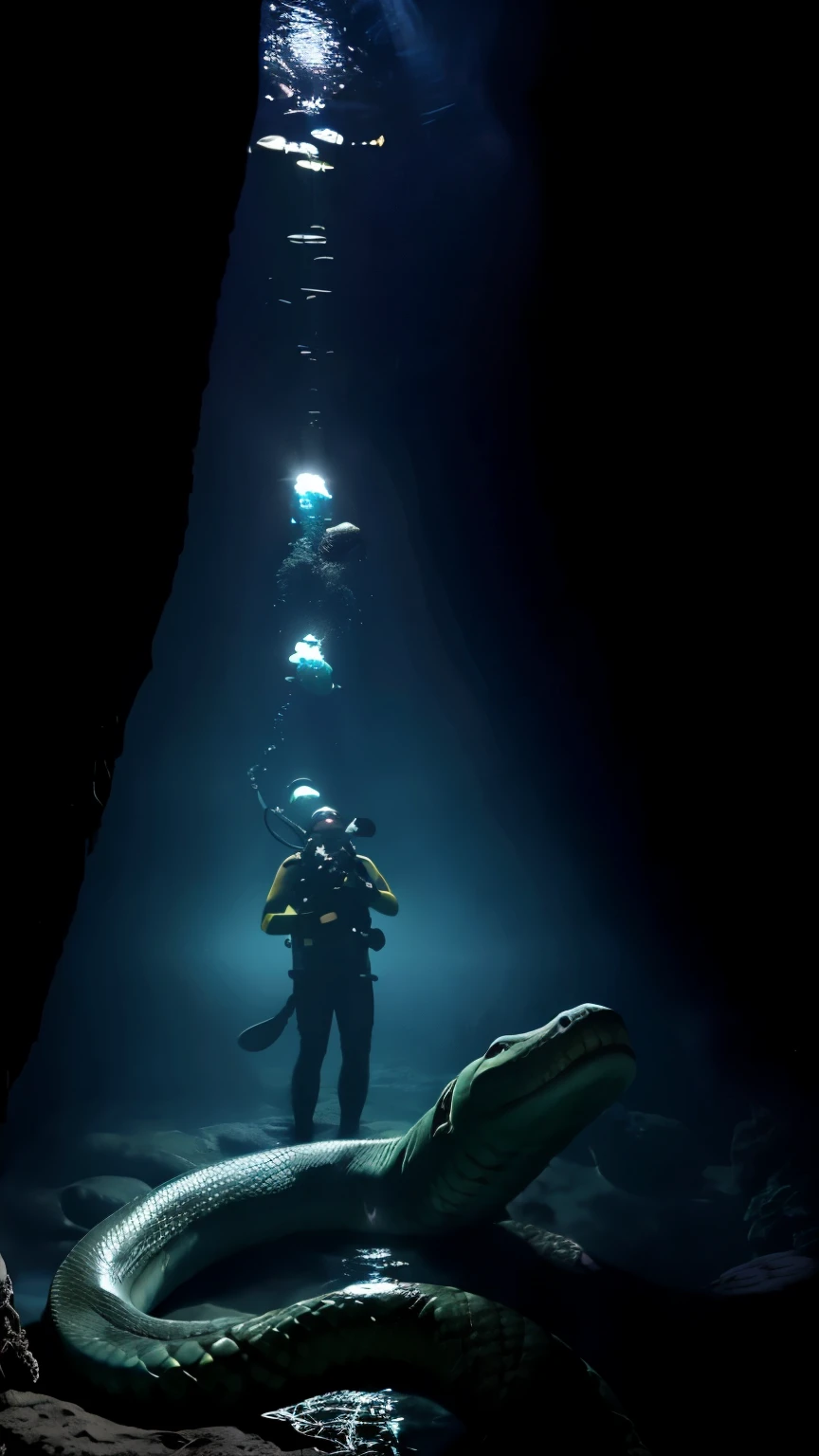 Deep sea, diver, dim light, a giant anaconda is staring at the diver from the shadows