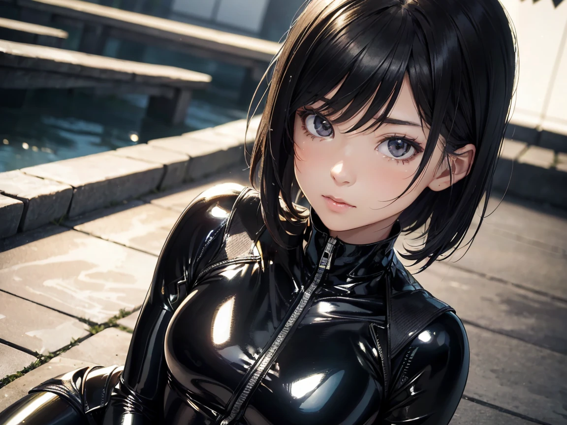 (highest quality,8K,High resolution,masterpiece:1.2),Super detailed,(Realistic,photoRealistic,photo-Realistic:1.37), A Japanese female fighter with a slim build and small face, cute, 1 girl, 18-year-old, Super short black hair, A tight-fitting combat suit in shiny black with a patent leather finish, Tight suit, gloves, On summer nights, let's gather with friends to dance to the rhythm and make takoyaki. If we all make it together, a fun party awaits.