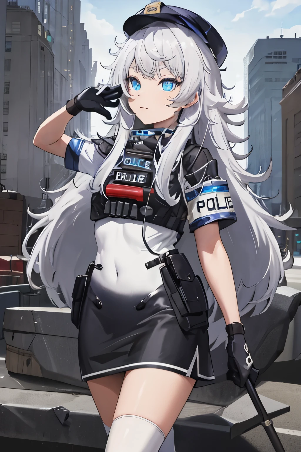 masutepiece, Best Quality, hight resolution, 1girl in, Solo, Long hair, hat, Blue eyes, White hair, hair messy, Black Gloves, White socks, Police Uniform, Black skirt, Short sleeves, Cowboy Shot,