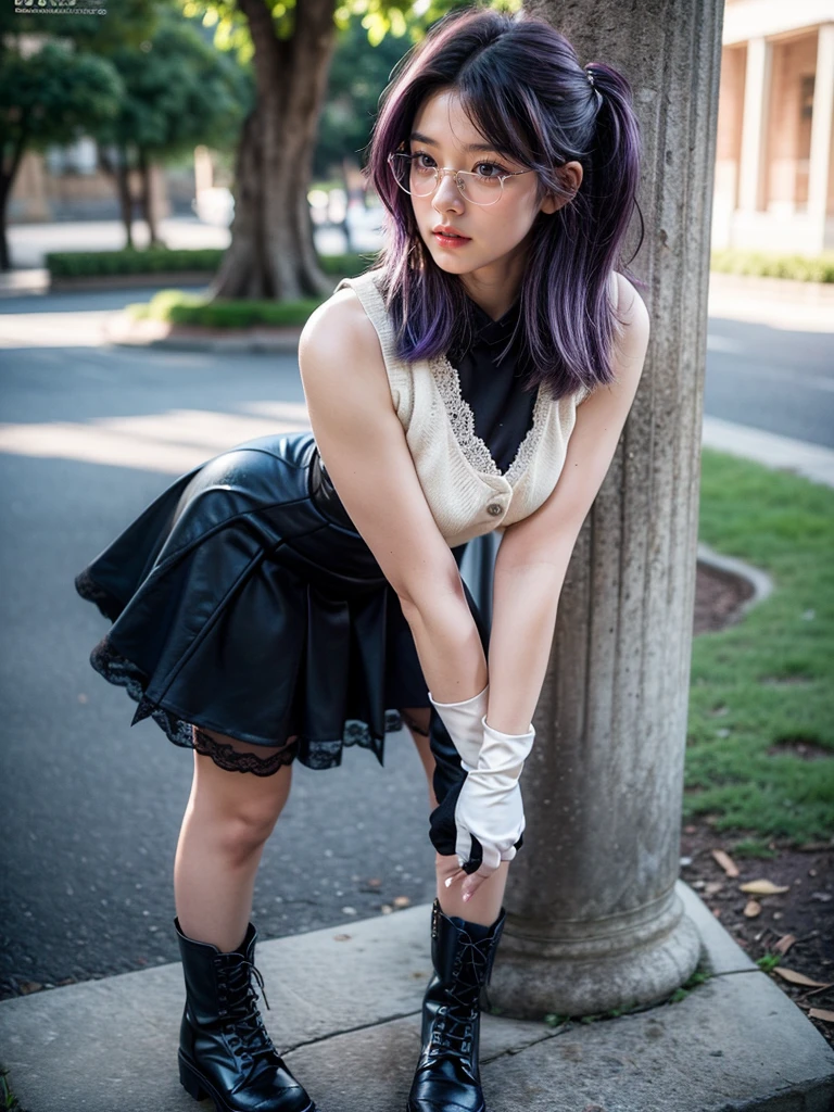 (1 lady), (Best quality at best:1.4), (ultra - detailed), (extremely detailed CG unified 16k), A Beautiful Woman with Perfect Figure: 1.4, Sharp Focus: 1.2, purple hair, very detailed, High-definition RAW color photo, professional photoshooting, amazing face and eyes, cosmetics, standing, (amazingly beautiful girl), ((kotomi)), ((exact clothes: black cotton dress til knees, (white vest), Black Lace Bridal Gloves, glasses, wearing black combat boots)), (looking cute, immerse in her own thoughts expression), (City park, extremely detailed background, realistic background, first date vibes), (frontal photo), realistic cinematic face, head to feet long wide zoomed out view, full body long view, head to shoes, photorealistic, ((realistic natural purple hair style, purple eyes)), gorgeous, extremely beautiful face, pretty face, delicate girl, (attractive body, fit woman, big girl, athletic body, strong female), perfect model beauty, pout mouth, Highly Detailed Face and Skin Texture, Detailed Eyes, Double Eyelids, Medium size breasts, shy but motivated expression, (masterpiece), best quality, high resolution, extremely detailed, cinematic lighting, amazing legs, clear and well-cared skin, (milky pale skin, white skin like milk), official dior editorial, trending on pinterest, dreamy, aesthetic, ((style raw))