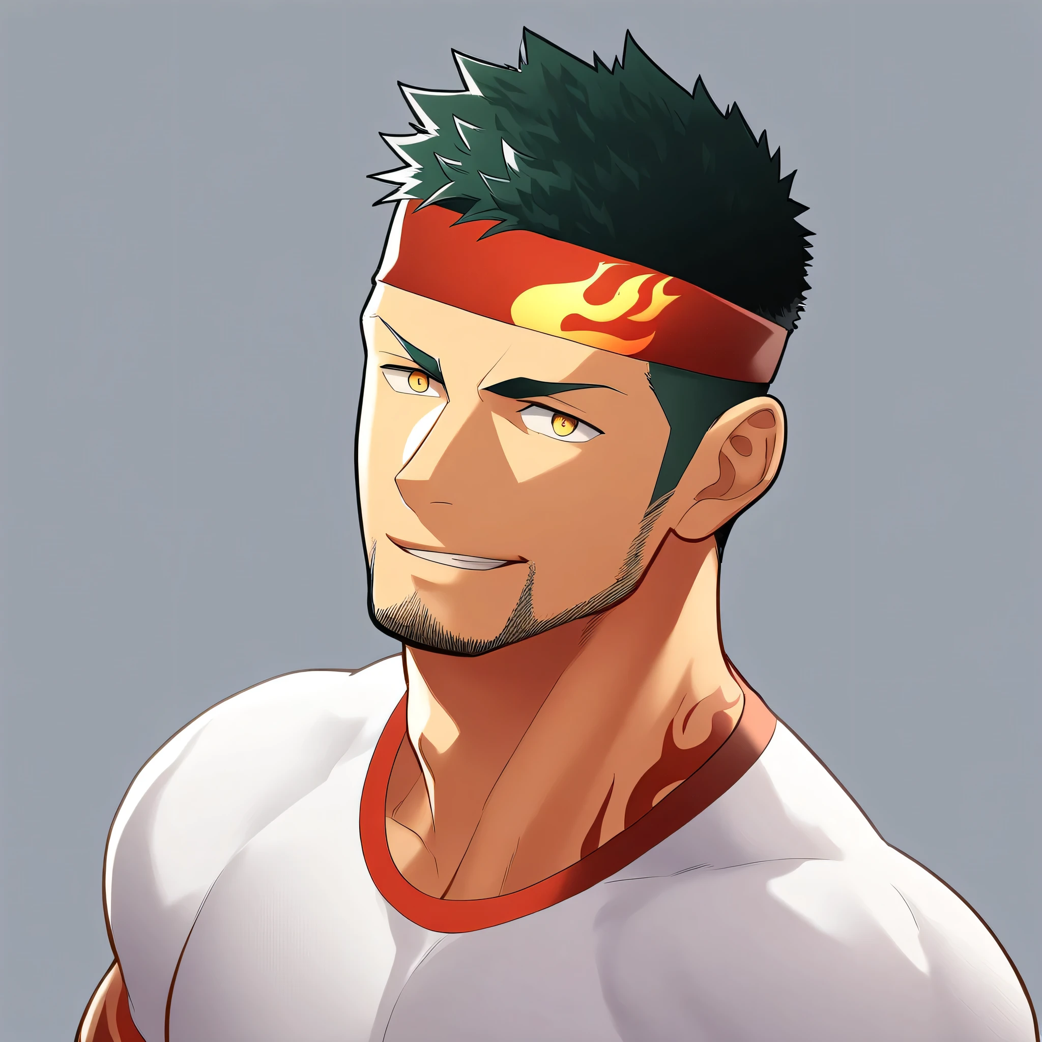anime characters:Gyee, priapus, 1 young muscular man, male focus, Flame tattoo, sports Red headband, Creamy white spandex tight T-shirt, muscular male, muscular, only, Upper body, alone, Black short hair, Thick eyebrows, stubble, Yellow eyes, White background, simple background, amazing quality, best aesthetics, Ridiculous, bright pupils, crew cut, naughty face, torogao, parted lips, best quality