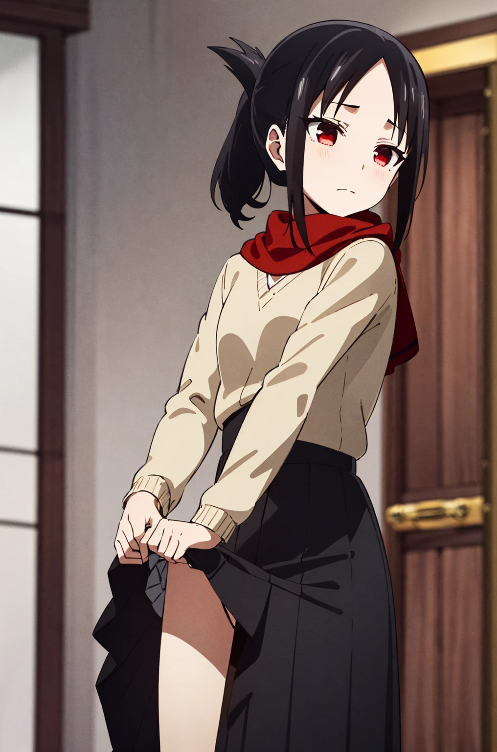 best quality, (masterpiece:1.2), detailed,
Shinomiya Kaguya,
1 girl, Solitary, shut your mouth, A faint smile,
Black Hair, Red Eyes, short hair, Ponytail, scarf,
, Black skirt, Long sleeve, Red belt,
Permanent installation, looking at the audience,(skirt lift:1.3), (Thong:1.1),White
