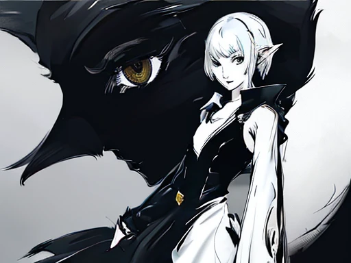 1girl, solo, white_hair and lock of hair over one eye , short back hair that goes up, one hide eye , hazel_eyes , black ram's horn, looking_at_viewer, short_hair , black clothes , elf ears , black cape, noire , smart face , sneaky smile