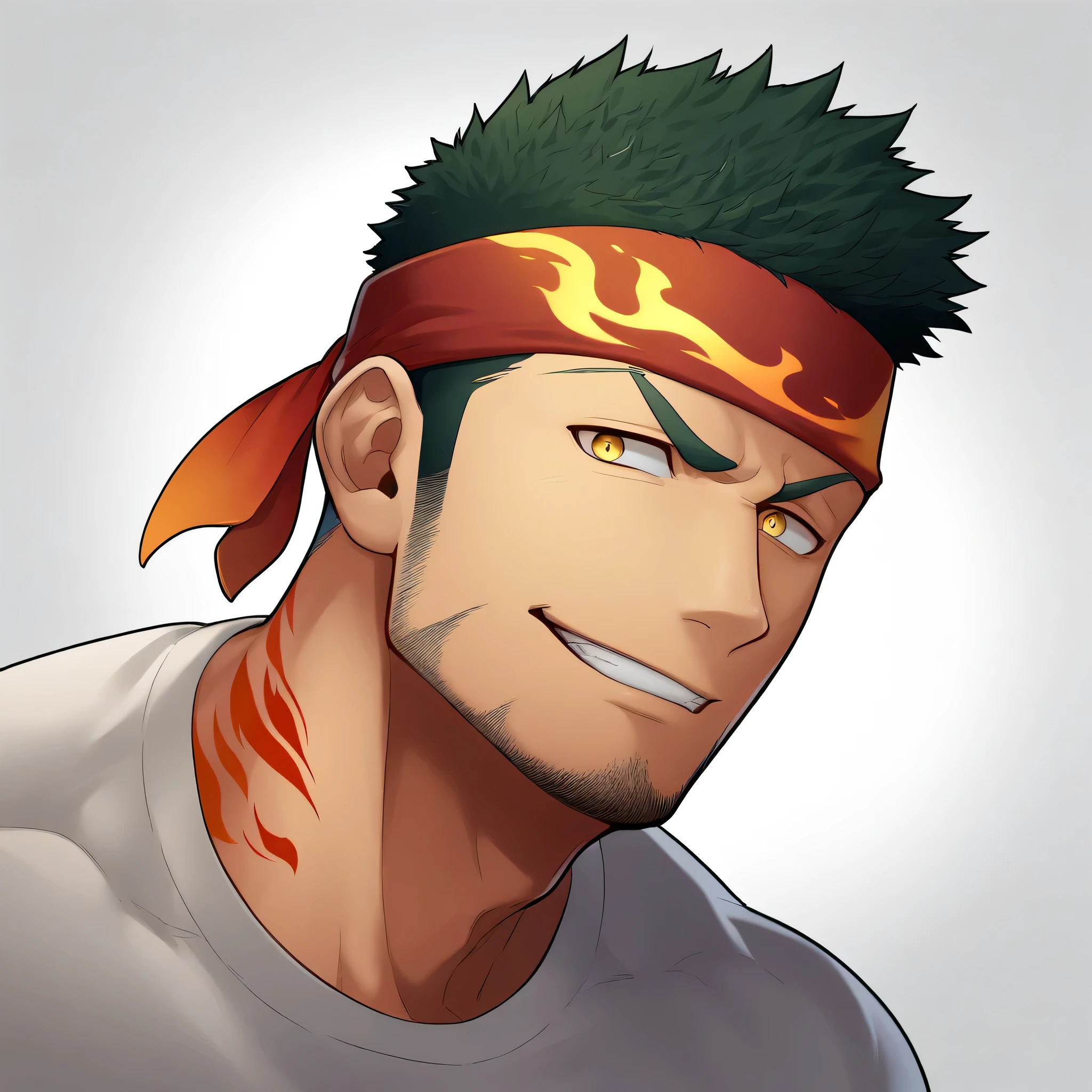 anime characters：Gyee, priapus, ung muscular man, male focus, Flame tattoo, sports Red headband, Creamy white spandex tight T-shirt, muscular male, muscular, only, Upper body, alone, Black short hair, Thick eyebrows, stubble, Yellow eyes, White background, simple background, amazing quality, best aesthetics, Ridiculous, bright pupils, crew cut, naughty face, torogao, parted lips, best quality