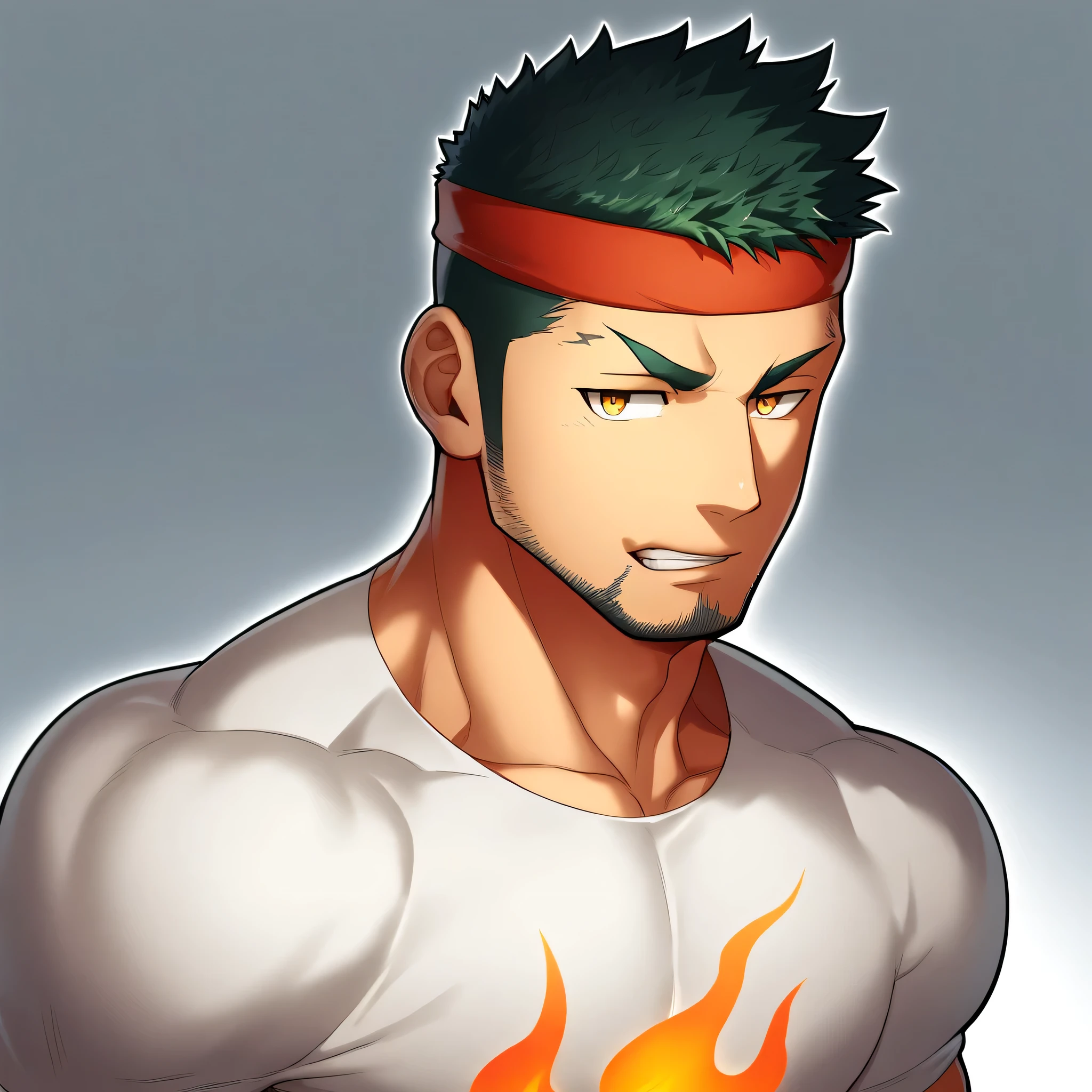 anime characters：Gyee, priapus, 1 young muscular man, male focus, Flame tattoo, sports Red headband, Creamy white spandex tight T-shirt, muscular male, muscular, only, Upper body, alone, Black short hair, Thick eyebrows, stubble, Yellow eyes, White background, simple background, amazing quality, best aesthetics, Ridiculous, bright pupils, crew cut, naughty face, torogao, parted lips, best quality