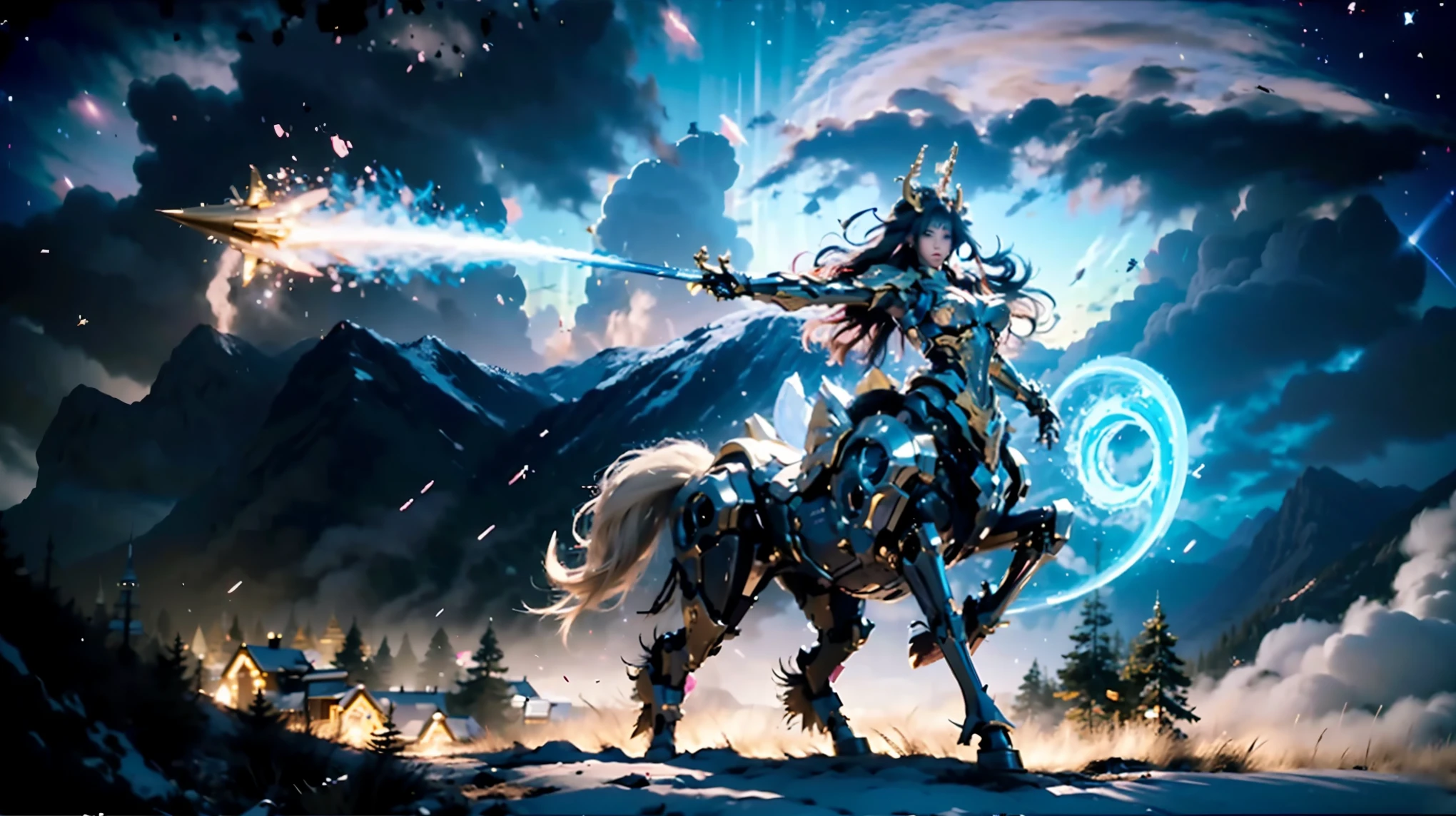 In the beautiful illustration of this super-grand scene，The ultra-distant lens shows us（More than eight distinctive and beautiful female centaurs，Half man, half horse，Half man, half horse，Princess：2.7），Their personality、Distinctive and vivid features。from（A radiant, angelic, snow-white centaur from heaven：1.1），arrive（Nightmare-like fiery red centaur surrounded by flames：1.1）、再arrive（Green Centaur, the wind fairy dancing in the air：1.1）、再arrive有（One-horned blue centaur surrounded by lightning：1.1），arrive（A mechanical-style mecha Centaur shining with metallic light：1.1）、再arrive（A powerful dragon-shaped centaur wearing colorful dragon scale leather：1.1）、再arrive（A slender elven centaur that is graceful and agile：1.1）Gracefully wears a flower crown、arrive（Enchanting and charming Tiflin centaurs：1.1）、再arrive（A succubus centaur with an indescribably sexy feeling：1.1）。Each Centaur character fully demonstrates his unique style。The illustration uses advanced artistic techniques and tools，Use nesting、Weaving、Splicing、perspective、interlude、Montage and other artistic techniques，Divide the scene into sections by geometric arrangement，Each part corresponds to a role，from而更有效地利用了空间，Make eight centaurs exist in one picture at the same time，（The style tends to be grotesque、Hayao Miyazaki、Aesthetic、indescribable：3.3）。Through Midjourney's advanced brush tools、Color palette、Material packs和模型包、Texture tools，For each centaur, beautiful props are designed to increase racial characteristics、Clothing and physical features，Enhances the character's personality and visual appeal，（Stunning landscapes in illustrations，There are changing skies、rainbow、aurora、Stars and Moon，Incorporating iconic landmarks such as Mount Everest，and fireworks、Tranquil Lake、Natural and urban elements of waves and neon lights，Creates a magical atmosphere：1.5），Centaurs demonstrate their unique abilities and equipment in a variety of environments，This is true even in extreme alien landscapes。Use Midjourney's tools、Material packs、Texture tools、The color palette makes depicting details vivid and realistic，from复杂的发型和以及不同的种族特质、Body、Appearance features、服装arrive真实的纹理，Greatly improved the realism of the Centaurs and their surroundings，The fusion of multiple art styles adds dynamism to the character&#39;s movement at all angles，The overall visual experience is further enriched。The final illustration was described as a "masterpiece"，It has the characteristics of "best quality" and "realistic"，The details put into the creative process are shown、Level of creativity and craftsmanship。 hdr，（Reality，Masterpiece quality，Best quality）