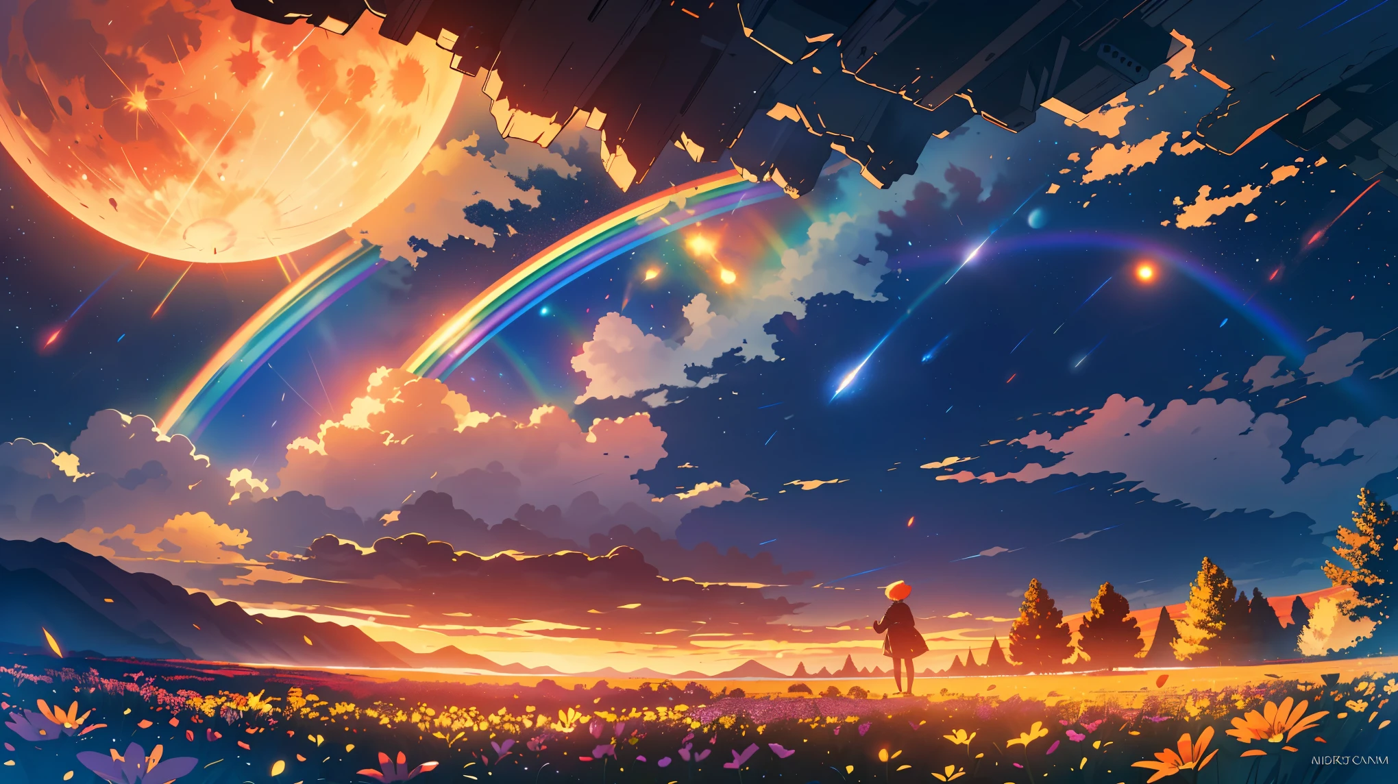 Wide landscape photography, (View from below, The sky is above, And the open field is below), A girl standing in a flower field looking up, (full moon: 1.2), (meteor: 0.9), (nebula: 1.3), Distant Mountain々 , wood々destroys art, (Warm Light: 1.2), (fire Fly: 1.2), Light, Lots of purple and orange, Intricate details, Volumetric Lighting Break (masterpiece: 1.2), (highest quality), 4K, Super detailed, (Dynamic configuration: 1.4), Rich color and detail, (Rainbow-colored: 1.2), (shine, Atmospheric lighting), dream-like, Magic, (alone: 1.2)