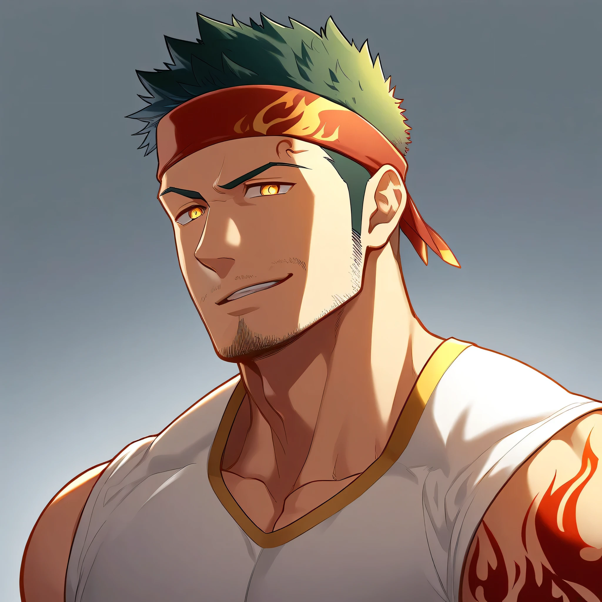 anime characters:Gyee, priapus, 1 young muscular man, male focus, Flame tattoo, sports Red headband, Creamy white spandex tight T-shirt, muscular male, muscular, only, Upper body, alone, Black short hair, Thick eyebrows, stubble, Yellow eyes, White background, simple background, amazing quality, best aesthetics, Ridiculous, bright pupils, crew cut, naughty face, torogao, parted lips, best quality