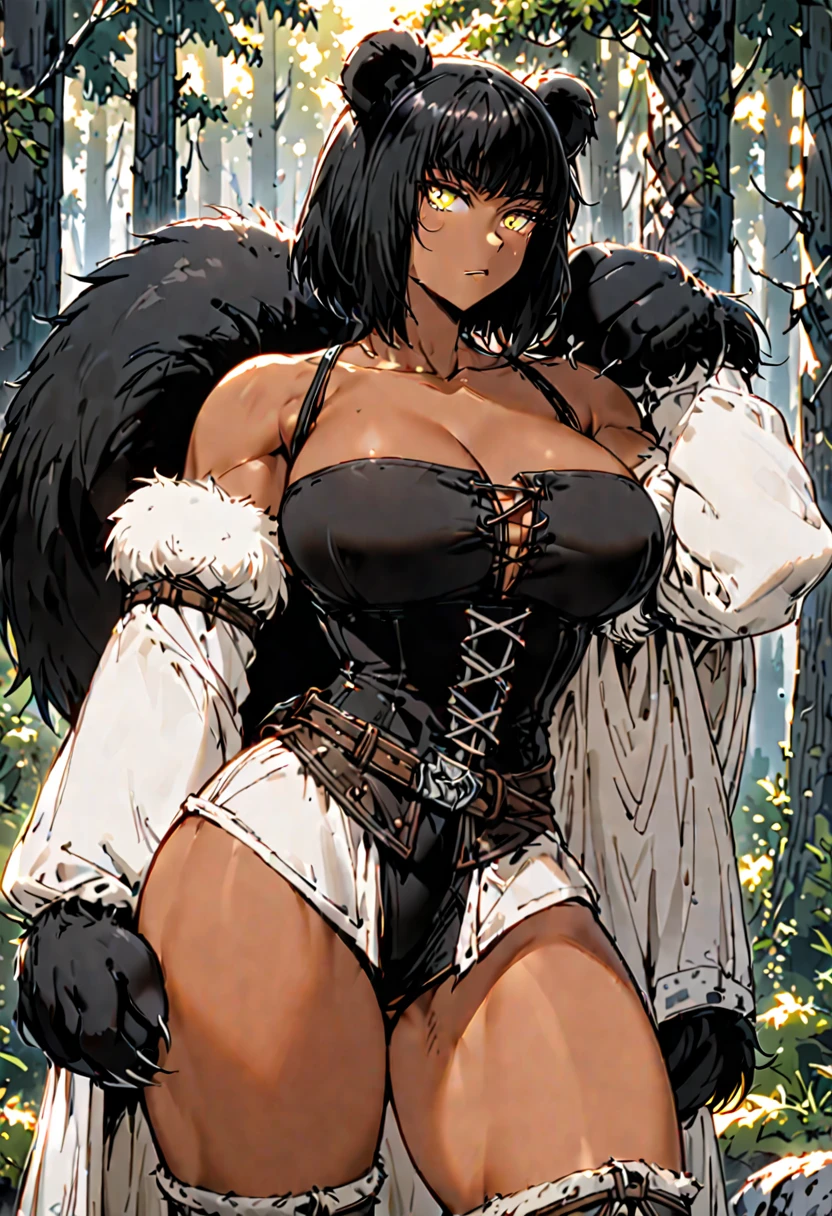 solo, female, sfw, close up, black hair, short hair, yellow eyes, broad shoulders, very strong, thick fur, black and white fur, black bear tail, furry arms, forest, abs:1.3, black furred hands, animal hands:0.9, adventurer clothes, medieval, black bear ears, huge woman, very tall woman, bare shoulders, furry thighs, shapely thighs, slight tan skin, large canines, thin thighs, muscular, tan skin, sleepy