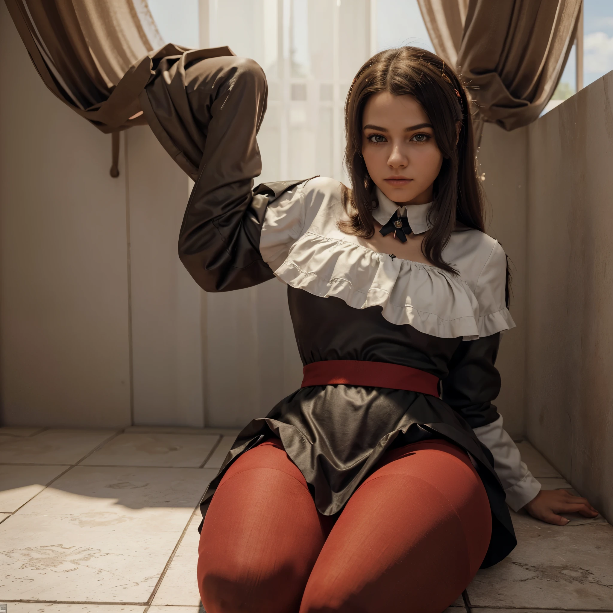 foto de edelgard_Academia, fita de cabelo, jaqueta preta, vestido preto, ascot, red pantyhose, luvas brancas, andando no campo de batalha, luar, lua cheia, jovem, adolescente, (musculoso), Pequeno , pequeno, 1 garota, (((3d, Videogame))),Obra de arte, melhor qualidade, detalhes intrincados, 8k hd, rosto perfeito, olhos perfeitos