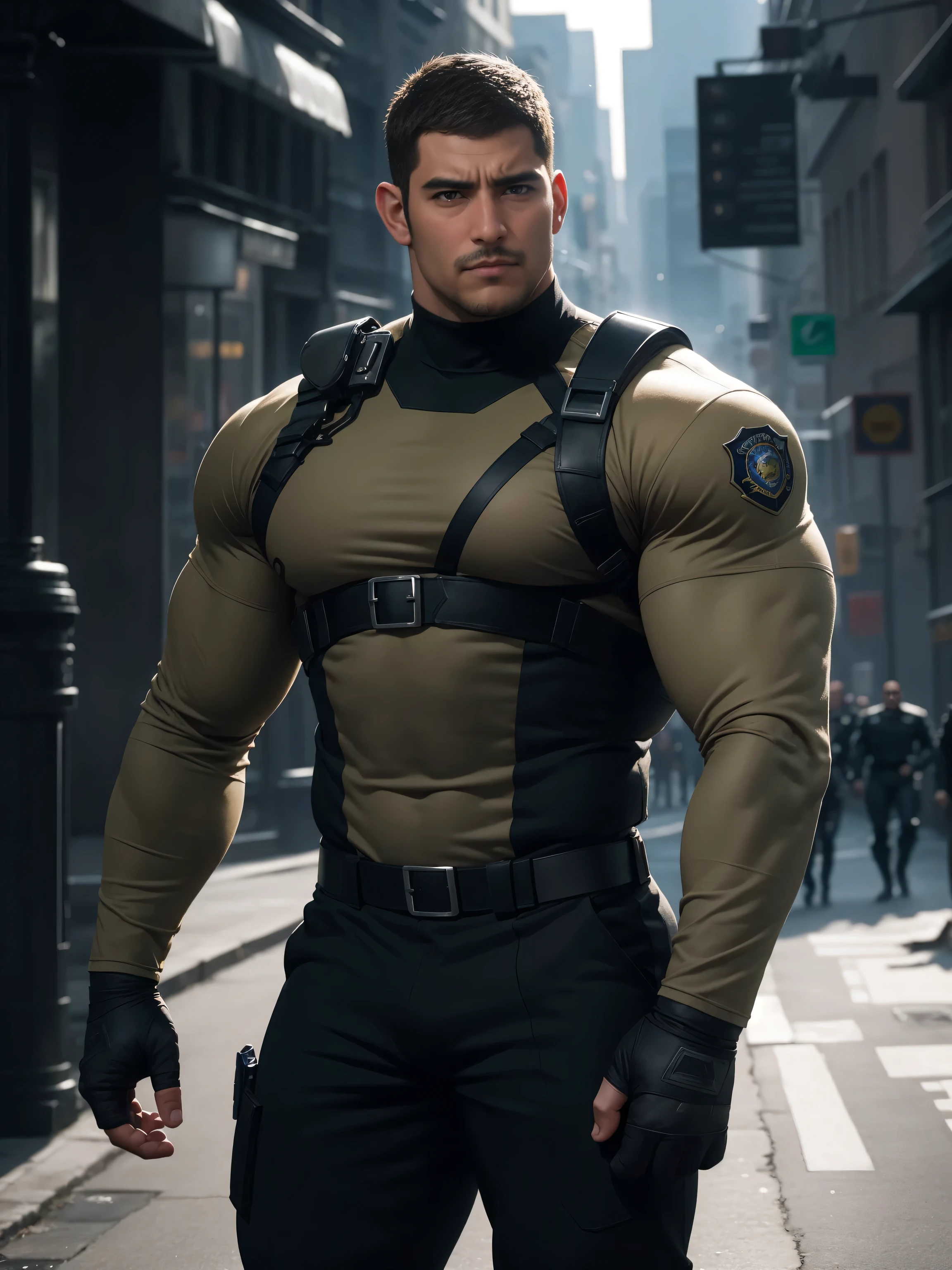 One Tall giant muscular police officer,  on the street outdoors, Wear a brown long-sleeved superhero jumpsuit, The expression is arrogant, Lift your chin, messy hair, Thick thighs, Brown Turtleneck Long Sleeve Superhero Bodysuit, very tight, Regular symmetrical pattern, Highlight muscles, Police uniform pants, character concept（Resident Evil - chris redfield, chris redfield）A proud expression, Deep and charming eyes, Valiant male pose, tall Burly, muscular！muscular thighs, Tough Guy, Perfect facial features, High, Burly, Heqiang, Super exquisite and cool, High Resolution Committee, Attractive, The sun is blazing, Dazzling