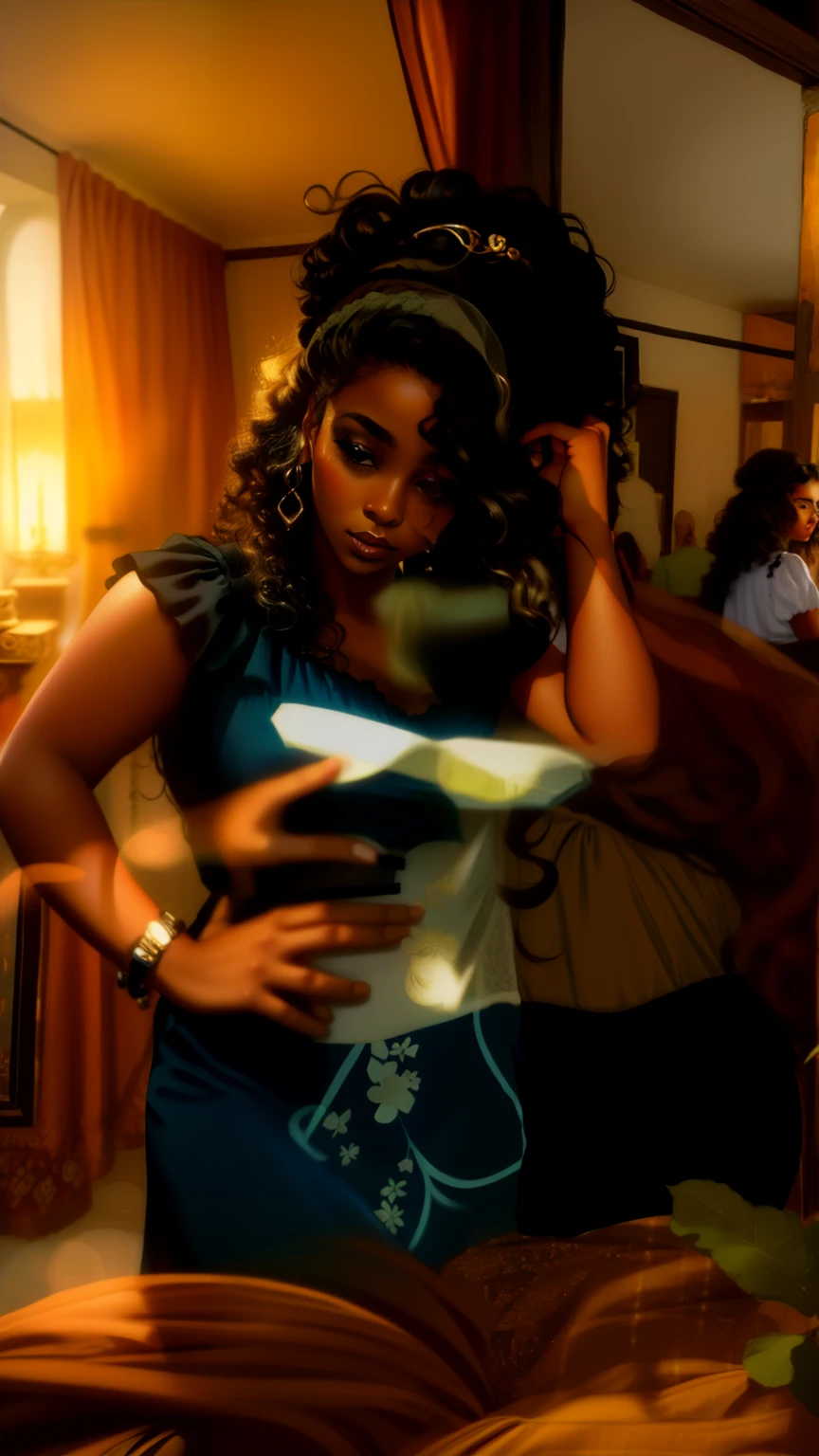 Mulher negra tirando uma foto linda, with curly hair and a beautiful dress and your hand on your waist, foto linda