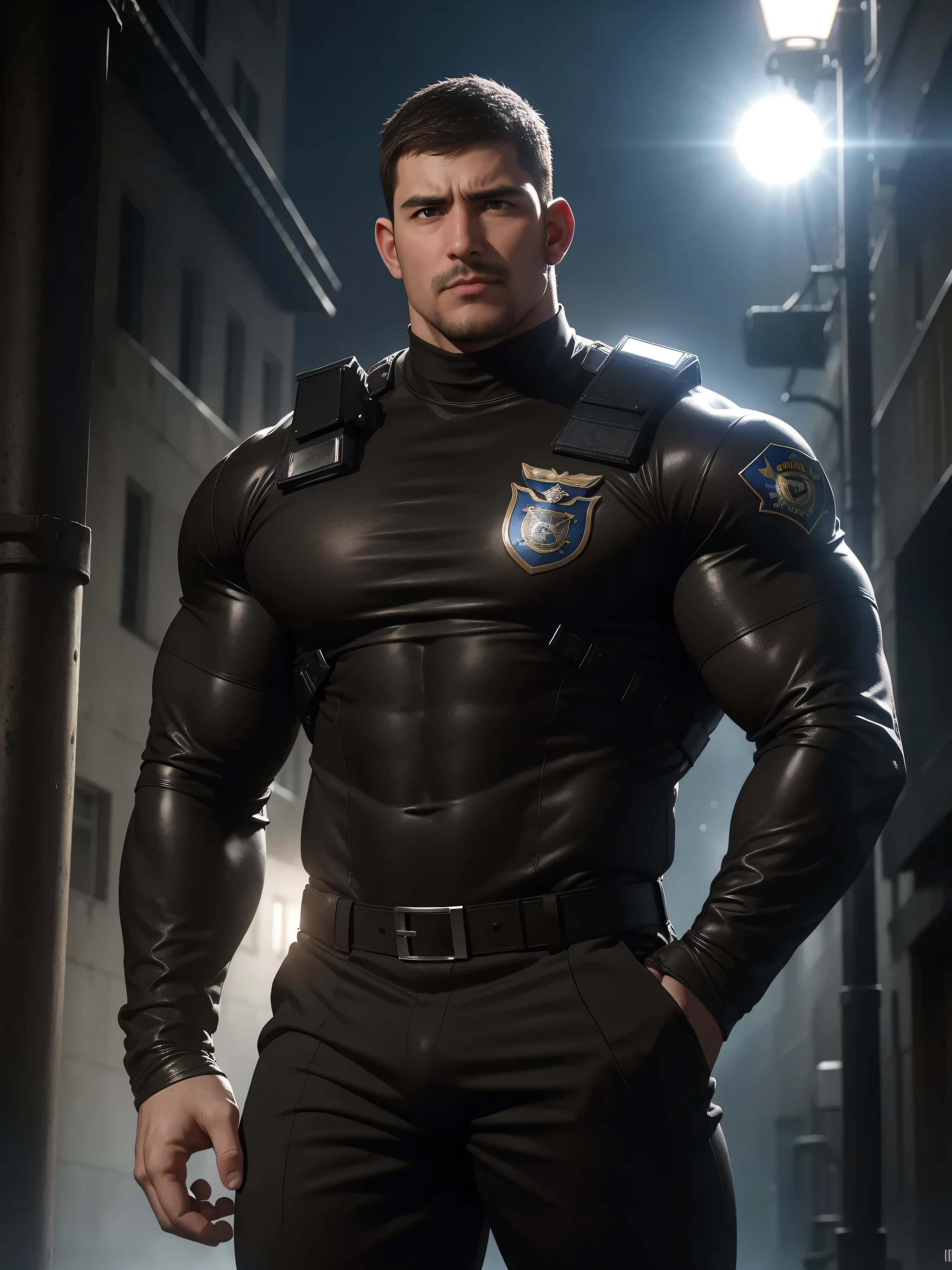 One Tall giant muscular police officer, on the street outdoors, Wear a brown long-sleeved superhero jumpsuit, The expression is arrogant, Lift your chin, messy hair, Thick thighs, Brown Turtleneck Long Sleeve Superhero Bodysuit, very tight, Regular symmetrical pattern, Highlight muscles, Police uniform pants, character concept(Resident Evil - chris redfield, chris redfield)A proud expression, Deep and charming eyes, Valiant male pose, tall Burly, muscular!muscular thighs, Tough Guy, Perfect facial features, High, Burly, Heqiang, Super exquisite and cool, High Resolution Committee, Attractive, The sun is blazing, Dazzling