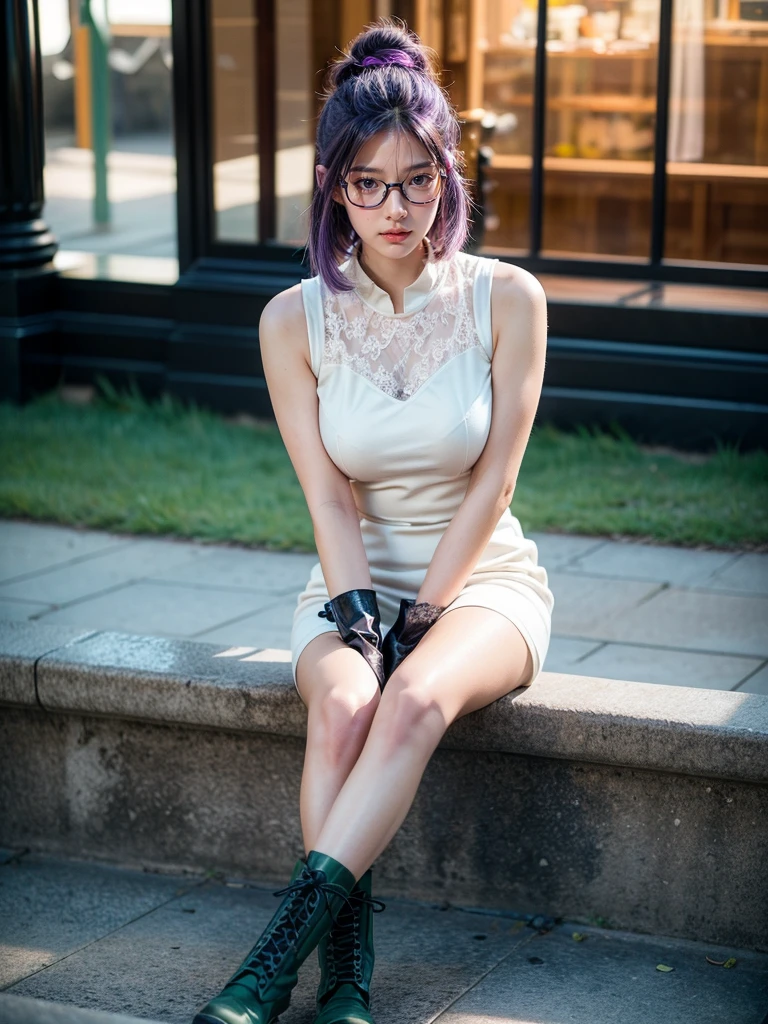(1 lady), (Best quality at best:1.4), (ultra - detailed), (extremely detailed CG unified 16k), A Beautiful Woman with Perfect Figure: 1.4, Sharp Focus: 1.2, purple hair, very detailed, High-definition RAW color photo, professional photoshooting, amazing face and eyes, cosmetics, standing, (amazingly beautiful girl), ((kotomi)), ((exact clothes: military green cotton dress, white vest, Black Lace Bridal Gloves, glasses, wearing black combat boots)), (looking cute, immerse in her own thoughts expression), (City park, extremely detailed background, realistic background, first date vibes), (frontal photo), realistic cinematic face, head to feet long wide zoomed out view, full body long view, head to shoes, photorealistic, ((realistic natural purple hair style, purple eyes)), gorgeous, extremely beautiful face, pretty face, delicate girl, (attractive body, fit woman, big girl, athletic body, strong female), perfect model beauty, pout mouth, Highly Detailed Face and Skin Texture, Detailed Eyes, Double Eyelids, Medium size breasts, shy but motivated expression, (masterpiece), best quality, high resolution, extremely detailed, cinematic lighting, amazing legs, clear and well-cared skin, (milky pale skin, white skin like milk), official dior editorial, trending on pinterest, dreamy, aesthetic, ((style raw))