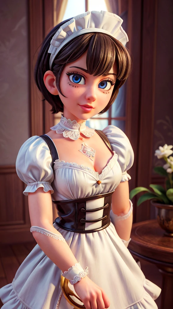 a mischievous and playful man wearing a maid outfit, extremely detailed, intricate and delicate outfit details, detailed facial features, beautiful detailed eyes, beautiful detailed lips, exceptionally lifelike, highly detailed, masterpiece, 8K, photorealistic, hyperrealistic, dramatic lighting, cinematic style, vibrant colors, whimsical, fantasy, digital art
