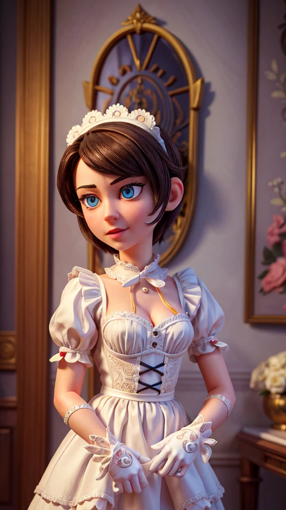 a mischievous and playful man wearing a maid outfit, extremely detailed, intricate and delicate outfit details, detailed facial features, beautiful detailed eyes, beautiful detailed lips, exceptionally lifelike, highly detailed, masterpiece, 8K, photorealistic, hyperrealistic, dramatic lighting, cinematic style, vibrant colors, whimsical, fantasy, digital art