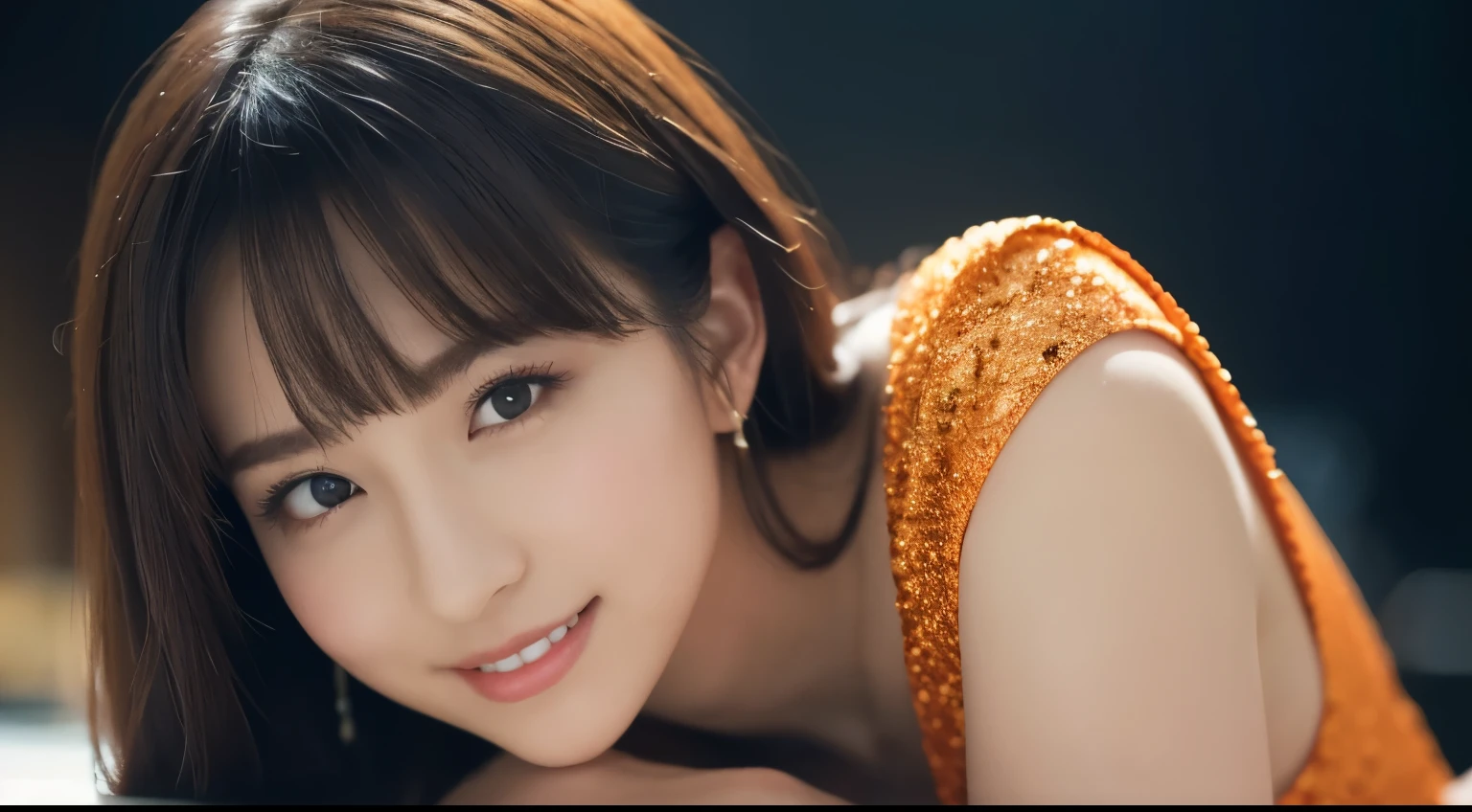 One Girl, (wearing an orange glitter dress:1.2), (RAW Photos, highest quality), (Realistic, Photorealistic:1.4), Tabletop, Very delicate and beautiful, Very detailed, 2k wallpaper, wonderful, In detail, Very detailed CG Unity 8k wallpaper, Very detailedな, High resolution, Soft Light, Beautiful detailed girl, Very detailedな目と顔, Beautifully detailed nose, Beautiful fine details, Cinema Lighting, City lights at night, Amazing illumination, Perfect Anatomy, Slender body, small, smile