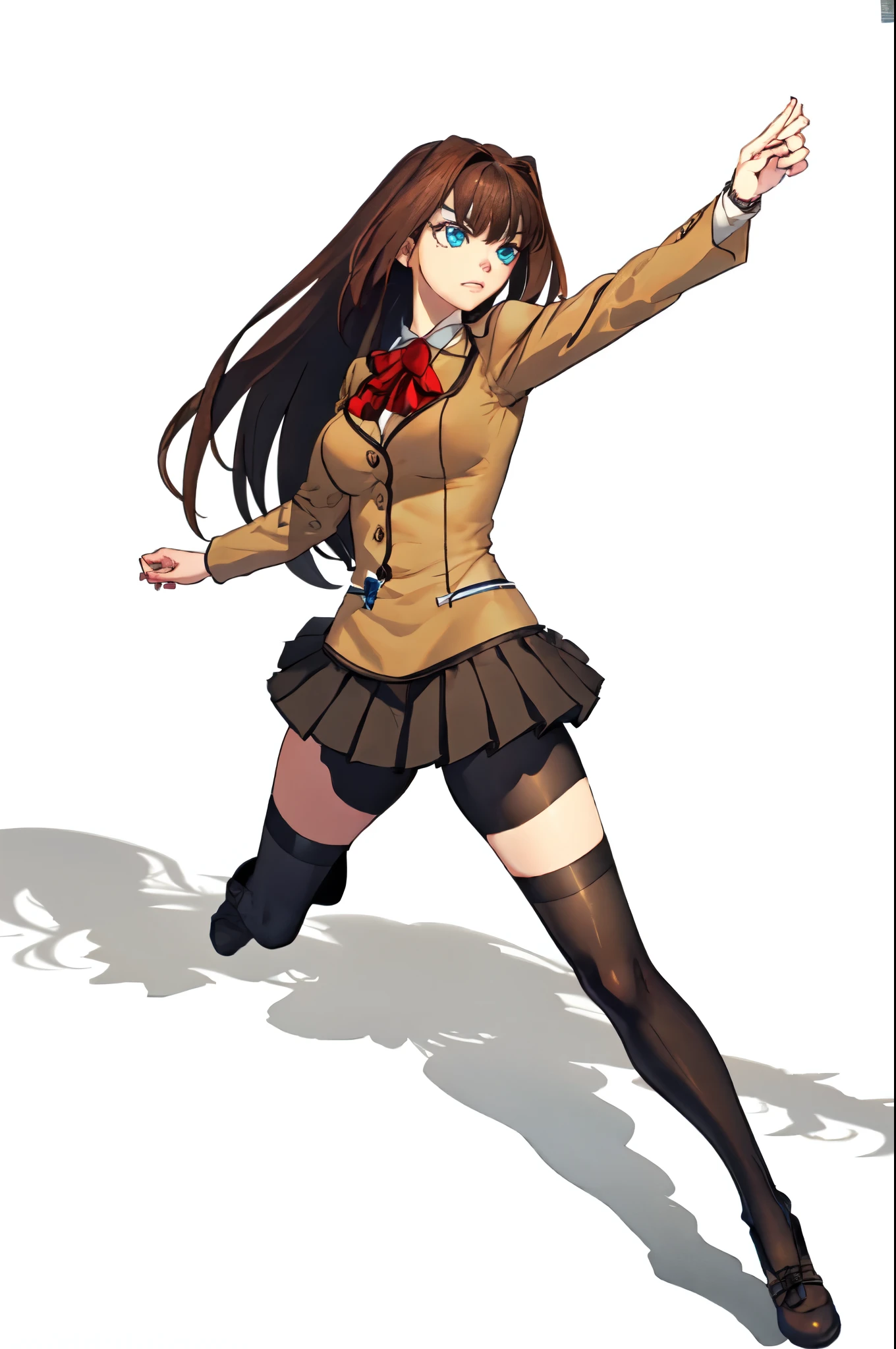 ((1girl:1.1)), (solo), ((cinematic light)), (colorful:0.9), hyper detail, dramatic light, intricate details, best quality, (wallpaper, masterpiece, best quality, ultra-detailed, best shadow), (beautiful detailed face, beautiful detailed eyes), high contrast, (best illumination, an extremely delicate and beautiful), (girl:1.5), dynamic angle, AokoSchoolUniform, ((2 legged)), luscious hair, very long hair, (chestnut-brown hair with slightly reddish undertone), perfect face, (symbol-shaped pupils), (blue eyes), red bowtie, (beige blazer), white shirt, (large breasts:0.7), nice hips, (Umber pleated-skirt:1.5), (black spandex shorts:1.4), (nice thighs:1.5), (symmetrical black thigh-high stockings:1.5), (brown Strap-Shoes), standing straight, ((Full body in frame including full shoes)), white-empty background, (((empty background:1.8)))