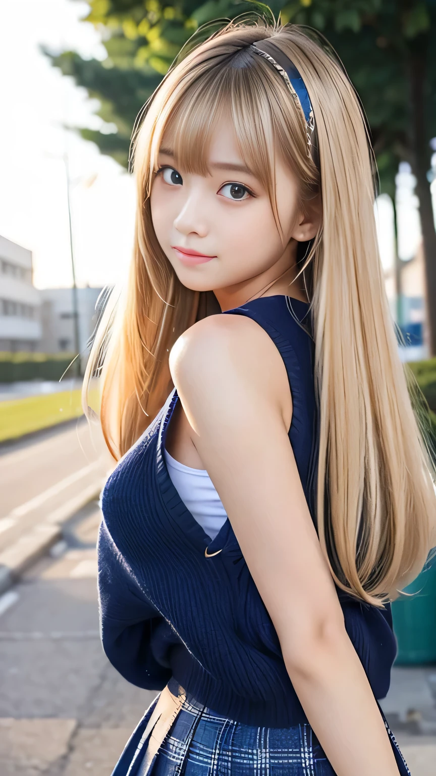 Sexy Big 、A cute -yeld giwith a sexy and cute look, beautiful and sexy face、A strong wind blows my hair in front of my face、With straight blonde hair、beautiful, Cute and sexy eyes hidden behind long bangs、Sexy school girl