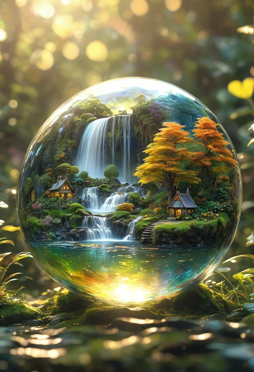 A glass sphere sculpture, concealed inside the sphere is a Hobbits village, Waterfall, in the day, detailed image, 8k high quality detailed, shaped sphere, amazing wallpaper, digital painting highly detailed, 8k UHD detailed oil painting, beautiful art UHD, focus on full glass sphere, bokeh, background Modifiers: extremely detailed Award winning photography, fantasy studio lighting, photorealistic very attractive beautiful imperial colours ultra detailed 3D, (Very Intricate), UHD, (3D Framed, Macabre)