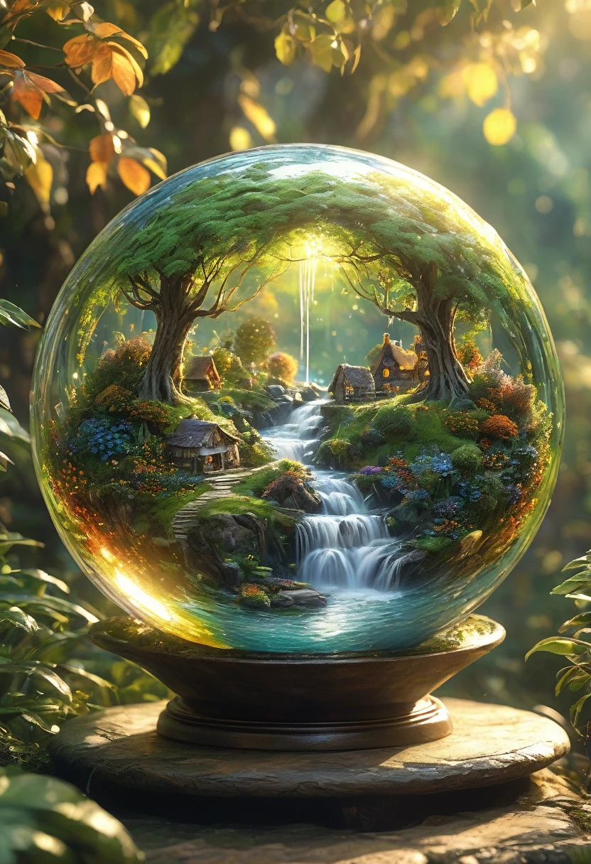 A  glass sphere sculpture, concealed inside the sphere is a Hobbits village, Waterfall, in the day, detailed image, 8k high quality detailed, shaped sphere, amazing wallpaper, digital painting highly detailed, 8k UHD detailed oil painting, beautiful art UHD, focus on full glass sphere, bokeh,  background Modifiers: extremely detailed Award winning photography, fantasy studio lighting, photorealistic very attractive beautiful imperial colours ultra detailed 3D, (Very Intricate), UHD, (3D Framed, Macabre)