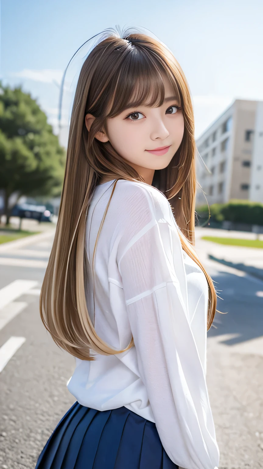 Sexy Big 、A cute -yeld giwith a sexy and cute look, beautiful and sexy face、A strong wind blows my hair in front of my face、With straight blonde hair、beautiful, Cute and sexy eyes hidden behind long bangs、Sexy school girl