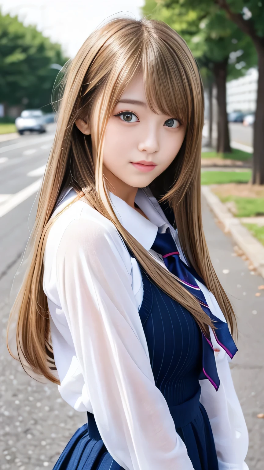Sexy Big 、A cute 16-year-old girl with a sexy and cute look, beautiful and sexy face、A strong wind blows my hair in front of my face、With straight blonde hair、beautiful, Cute and sexy eyes hidden behind long bangs、Sexy school girl
