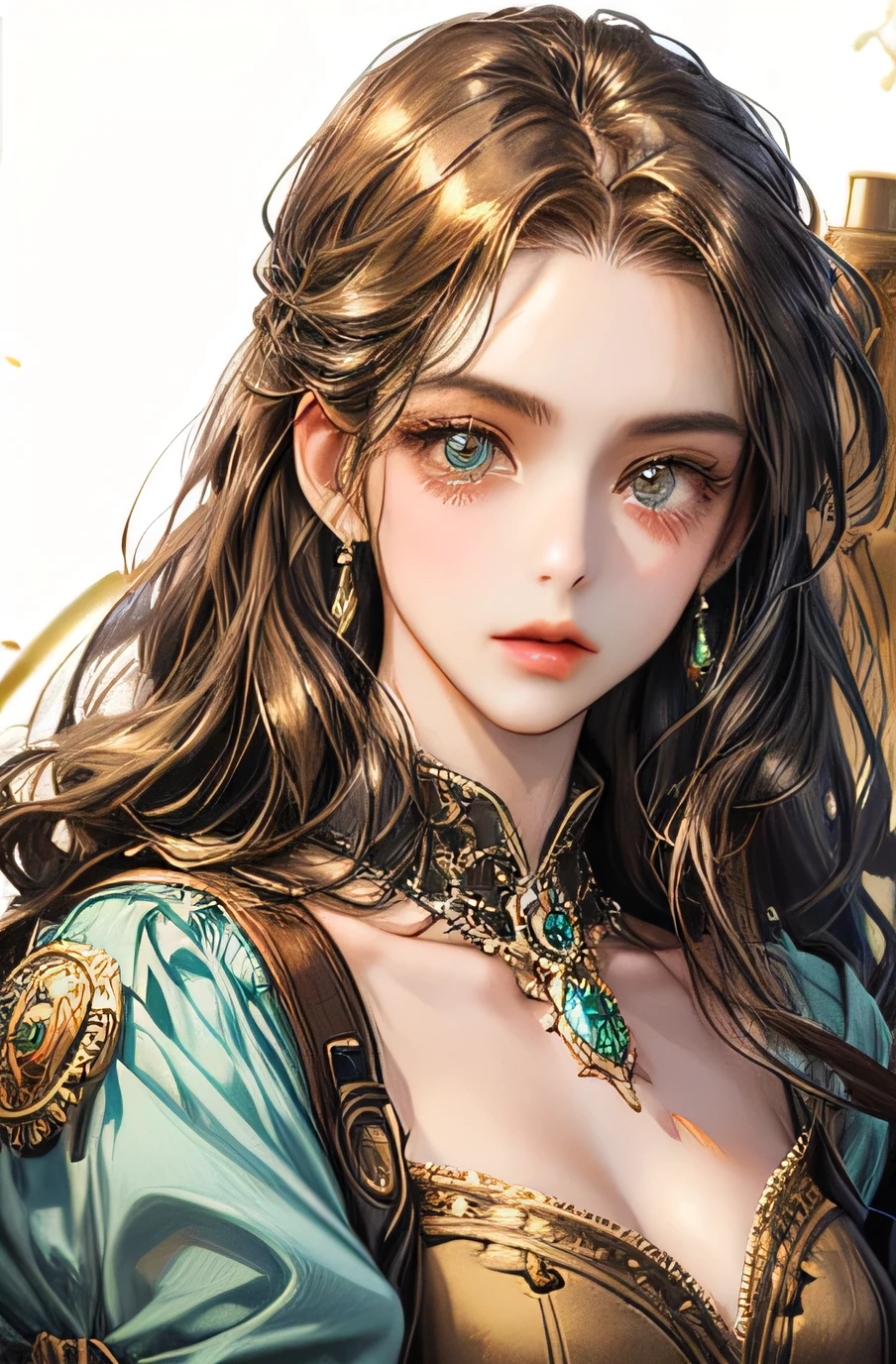 Best Quality、steampunk、Realistic、girl with beautiful features、No background、Gemstone Brooch、The whole body enters