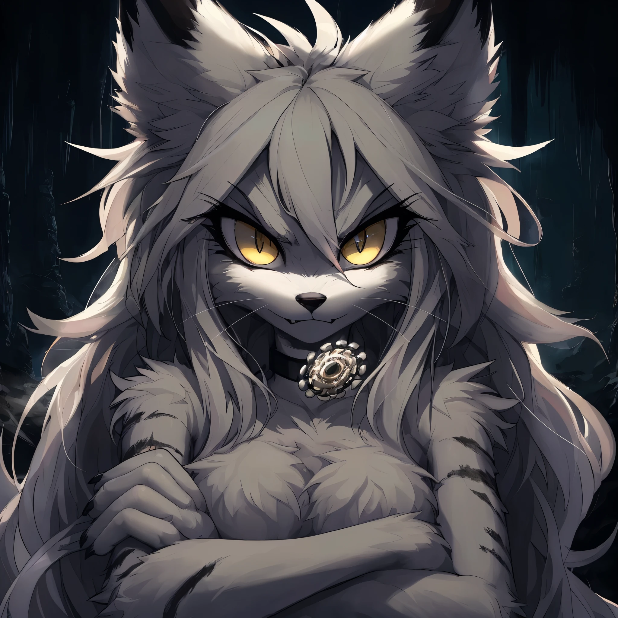 anthropomorphic furry cat character kemono style, slim femboy body, with large yellow glaring eyes, strong angry expression, long white hair, with white fur, arms crossed, the tips of his ears are black, choker with a stone carved in the shape of a virus, focus on bright eyes , frozen dark environment background, anime, digital painting, neytirix style