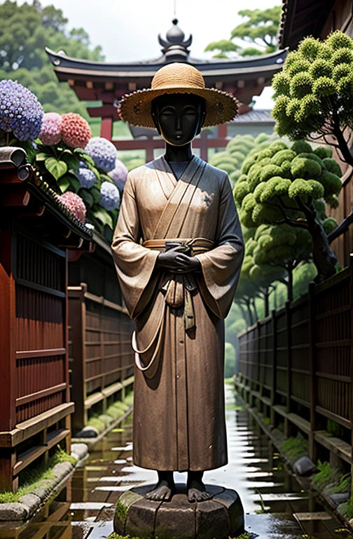 Jizo statue standing on the approach to a temple, drying a wet straw hat on a sunny day in the rainy season, Hydrangeas are blooming all around.