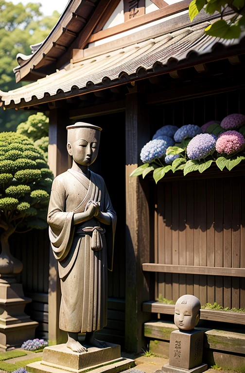 Jizo statue standing on the approach to a temple, drying a wet straw hat on a sunny day in the rainy season, Hydrangeas are blooming all around.