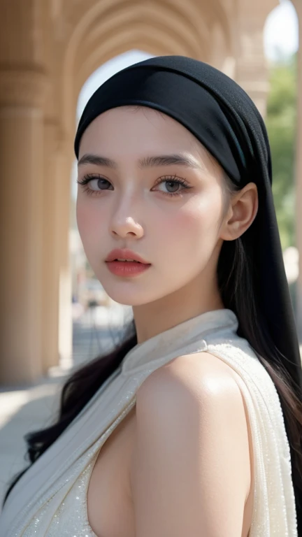 (Masterpiece, top quality, best quality, official art, beautiful and aesthetic: 1.2)
(1girl)
(Hyuga Hinata from Naruto anime, long black hair, radiant white eyes, captivating with Byakugan eyes)
(Beautiful, ethnic allure in Black clothes)
(Majestically posing against a mosque background, wearing a hijab that covers her head and neck)
(Ultra detail, realistic representation of fabric texture, wrinkles, and intricate hijab design)
(Her mesmerizing eyes reflecting tranquility and strength, gaze fixed on the viewer)
Proportional body, perfect body figure, alluring, glamorous, sexy, portrait, big breasts, shapely