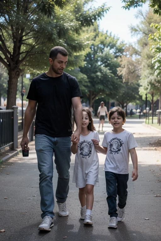 Una familia de 4 miembros caminando en el parque felices teniendo en mano de cada miembro de la familia un vaso de aluminio en forma cuadrada