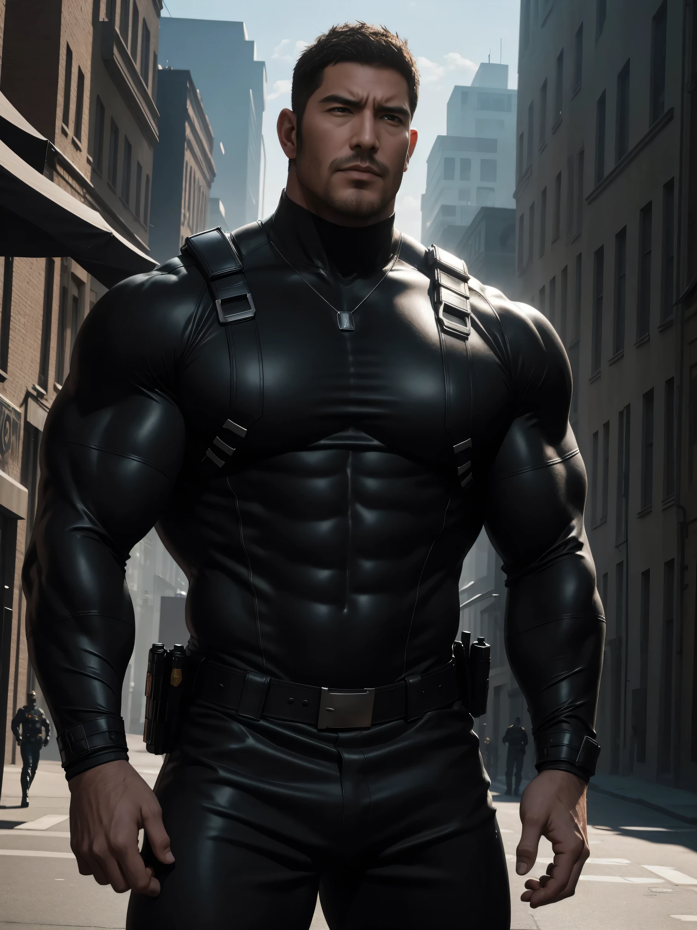 One Tall giant muscular police officer, on the street outdoors, Wear a brown long-sleeved superhero jumpsuit, The expression is arrogant, Lift your chin, messy hair, Thick thighs, Brown Turtleneck Long Sleeve Superhero Bodysuit, very tight, Regular symmetrical pattern, Highlight muscles, Police uniform pants, character concept(Resident Evil - chris redfield, chris redfield)A proud expression, Deep and charming eyes, Valiant male pose, tall Burly, muscular!muscular thighs, Tough Guy, Perfect facial features, High, Burly, Heqiang, Super exquisite and cool, High Resolution Committee, Attractive, The sun is blazing, Dazzling