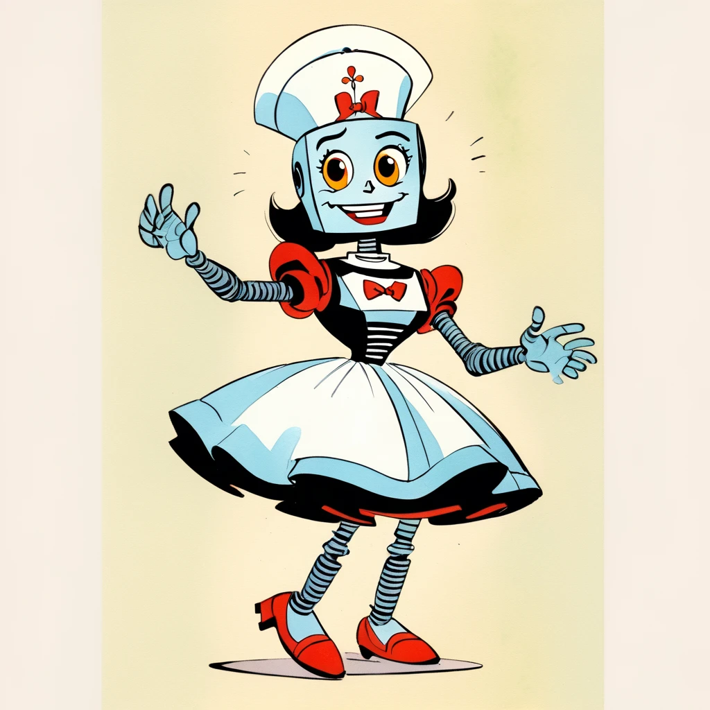 Rosie the Robot in a maid outfit, (vintage comic, The Jetsons style reference) dancing stanky boogie, 1960's rich color grading for shading depth, 1940's watercolor background
