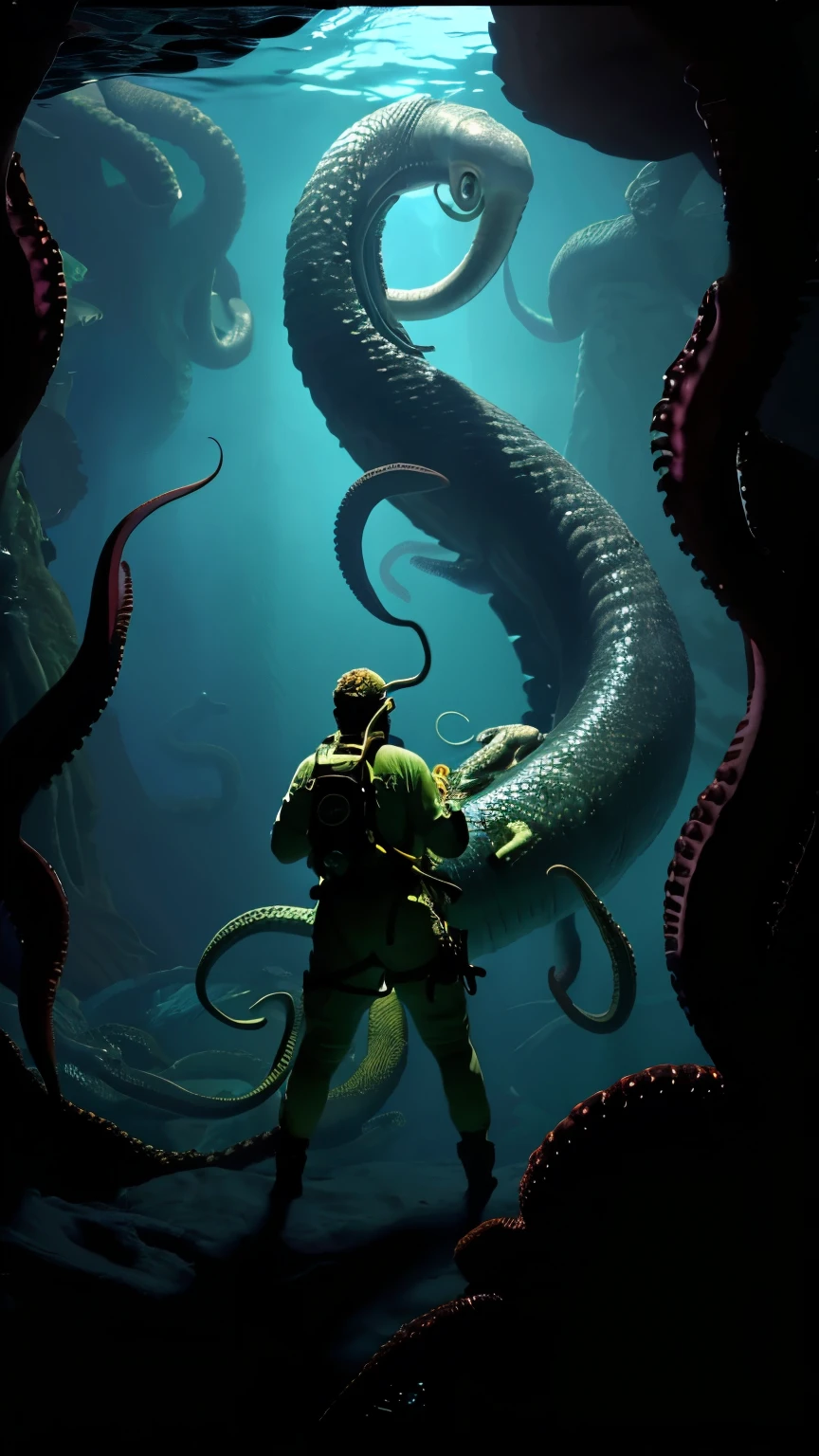 Deep sea, diver, a giant anaconda is staring at the diver from the shadows, underwater abyss with vaguely octopus tentacles, huge creatures, extreme detail, dim lighting, highest picture quality, fear of the deep, no errant limbs, Cthulhu creatures