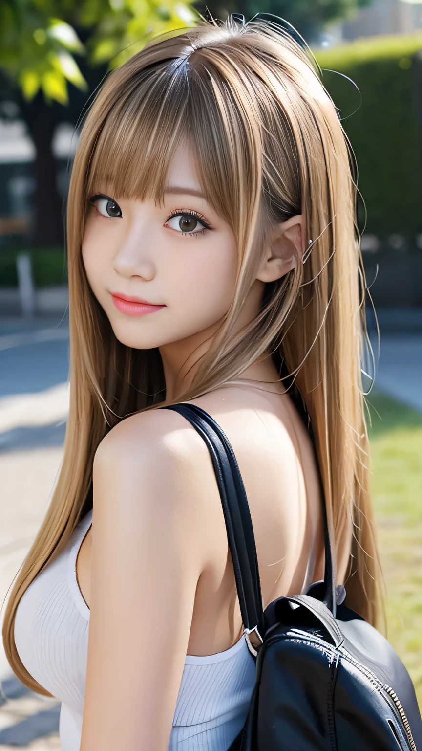 Sexy Big 、A cute -yeld giwith a sexy and cute look, beautiful and sexy face、A strong wind blows my hair in front of my face、With straight blonde hair、beautiful, Cute and sexy eyes hidden behind long bangs、Sexy school girl