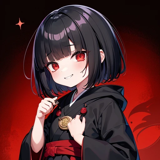 Little kid anime girl with short black hair and red eyes and a long sleeve black hooded ancient Japanese cloak with heavy blood stains and black ancient Japanese pants and wearing a gold medallion with an evil smile and her head tilted to the right a little holding a bloody knife dripping blood in her right hand with a lot blood on her face in a ancient Japanese city at night