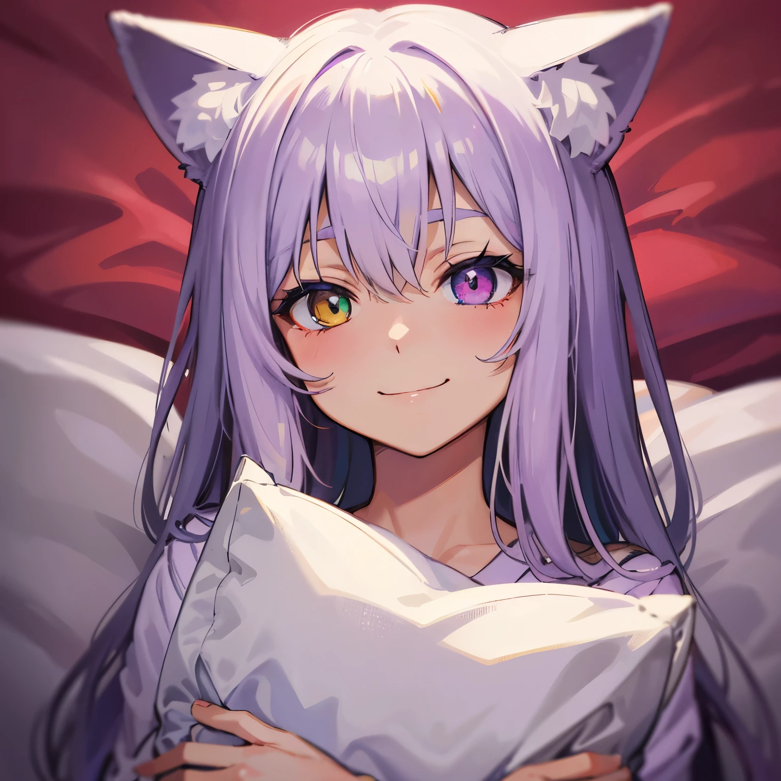 close-up portrait of ((solo catgirl)) hugging a pillow, light violet hair, nekomimi, simple plain background, innocent smile, pajamas, masterpiece, heterochromia, polychromia