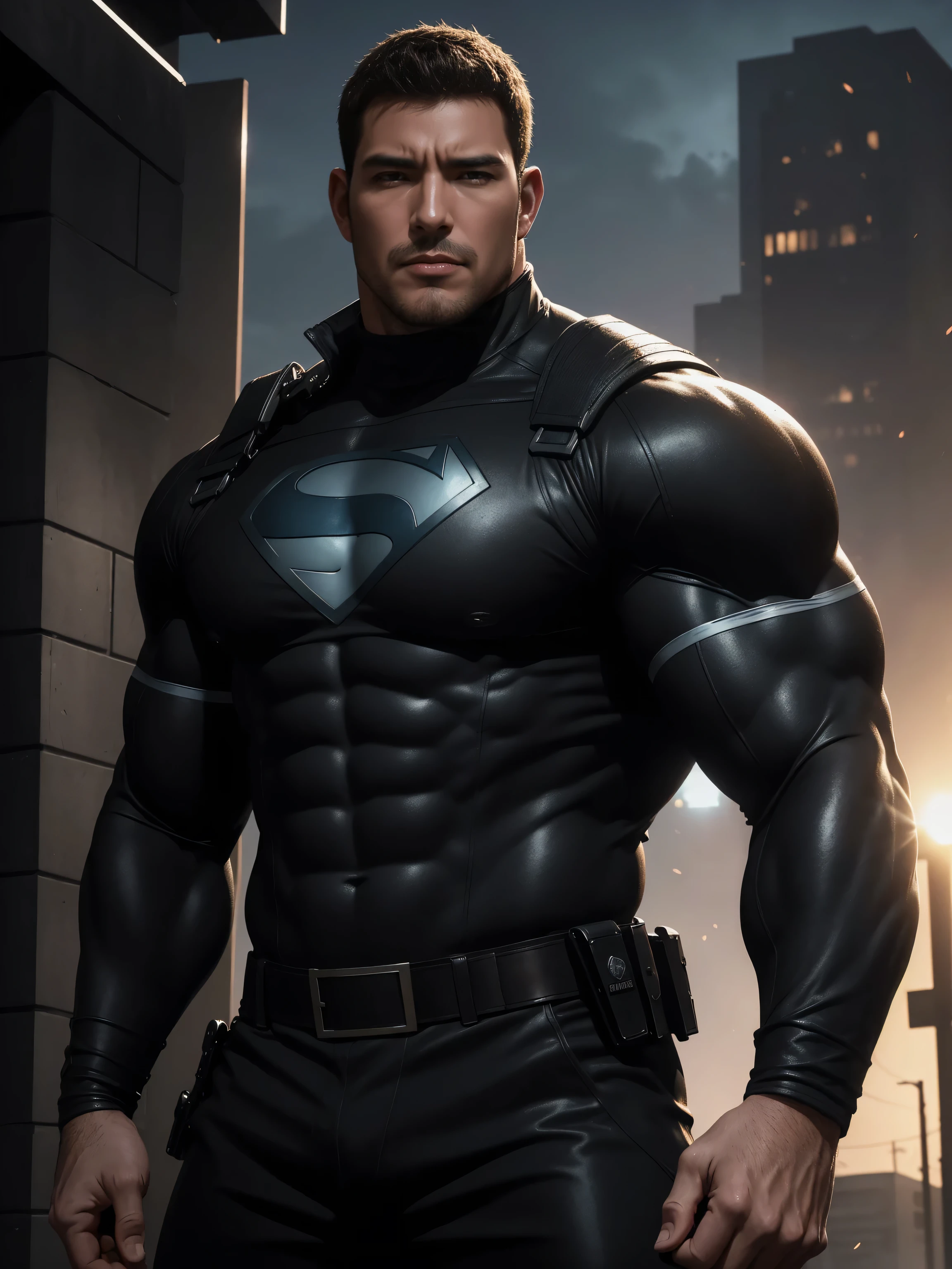 One Tall giant muscular police officer,  on the street outdoors, Wear a brown long-sleeved superhero jumpsuit, The expression is arrogant, Lift your chin, messy hair, Thick thighs, Brown Turtleneck Long Sleeve Superhero Bodysuit, very tight, Regular symmetrical pattern, Highlight muscles, Police uniform pants, character concept（Resident Evil - chris redfield, chris redfield）A proud expression, Deep and charming eyes, Valiant male pose, tall Burly, muscular！muscular thighs, Tough Guy, Perfect facial features, High, Burly, Heqiang, Super exquisite and cool, High Resolution Committee, Attractive, The sun is blazing, Dazzling